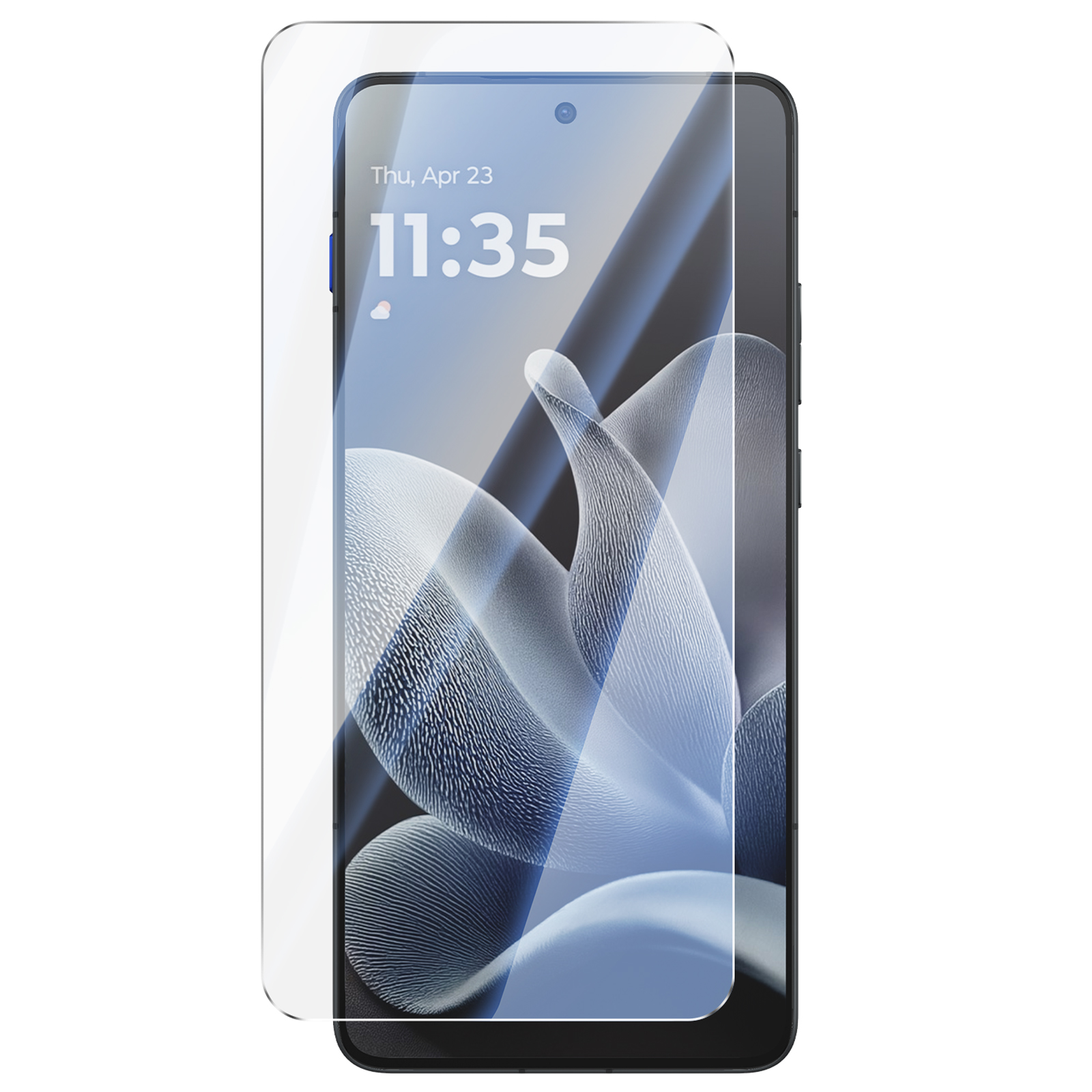 Smartphone con una pellicola protettiva trasparente che fluttua leggermente sopra.