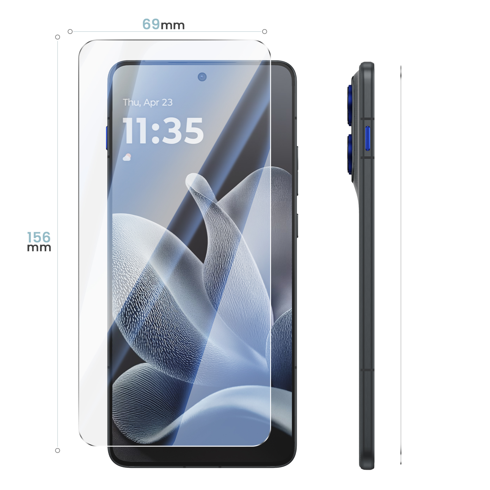 Smartphone con pellicola protettiva, dimensioni di 69mm di larghezza e 156mm di altezza, vista laterale.
