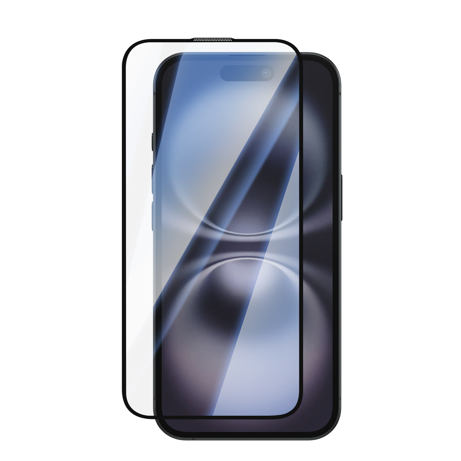 Un teléfono inteligente con un protector de pantalla negro colocado ligeramente encima.