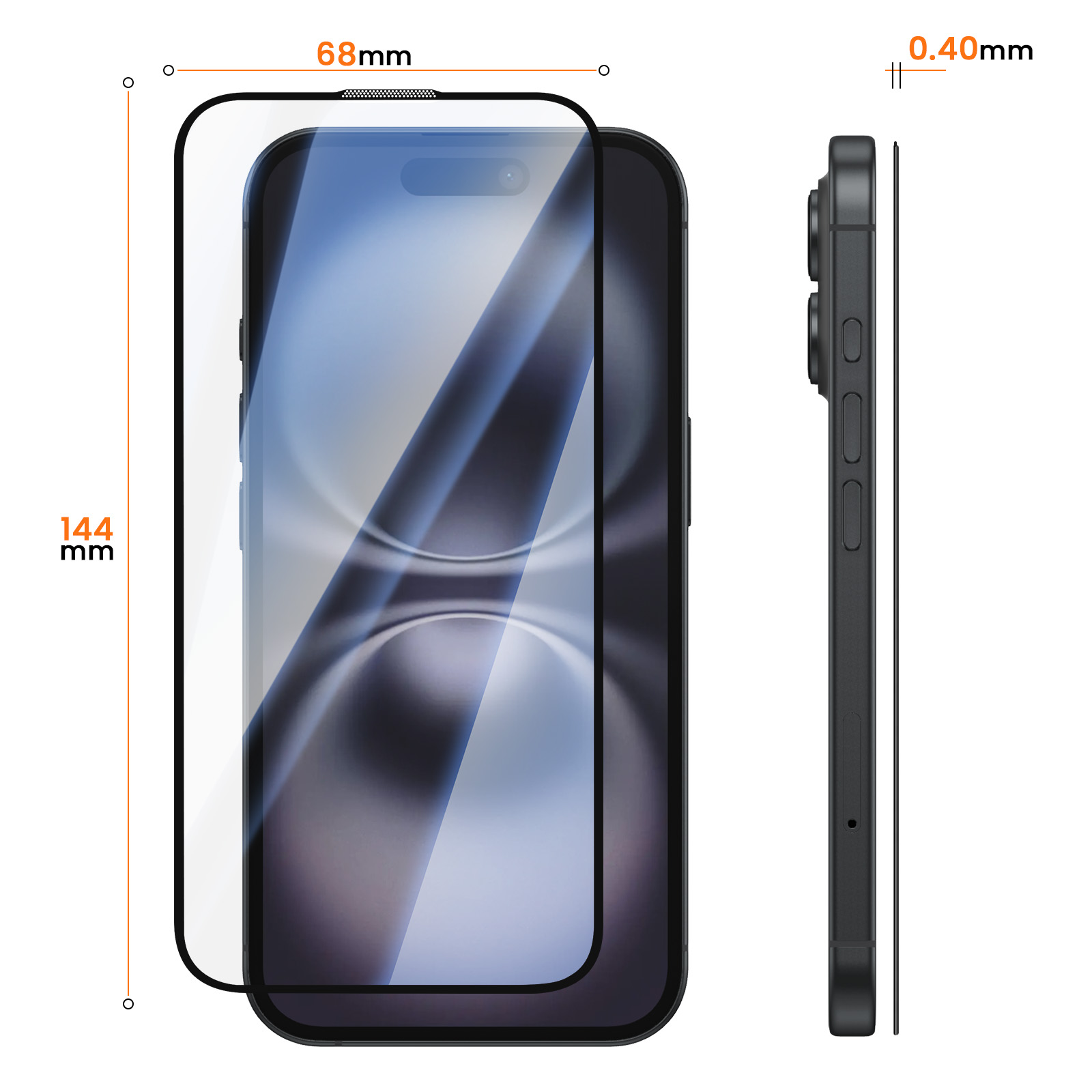 Dibujo técnico de un smartphone con protector de pantalla, dimensiones 144mm de alto, 68mm de ancho y 0,40mm de grosor.