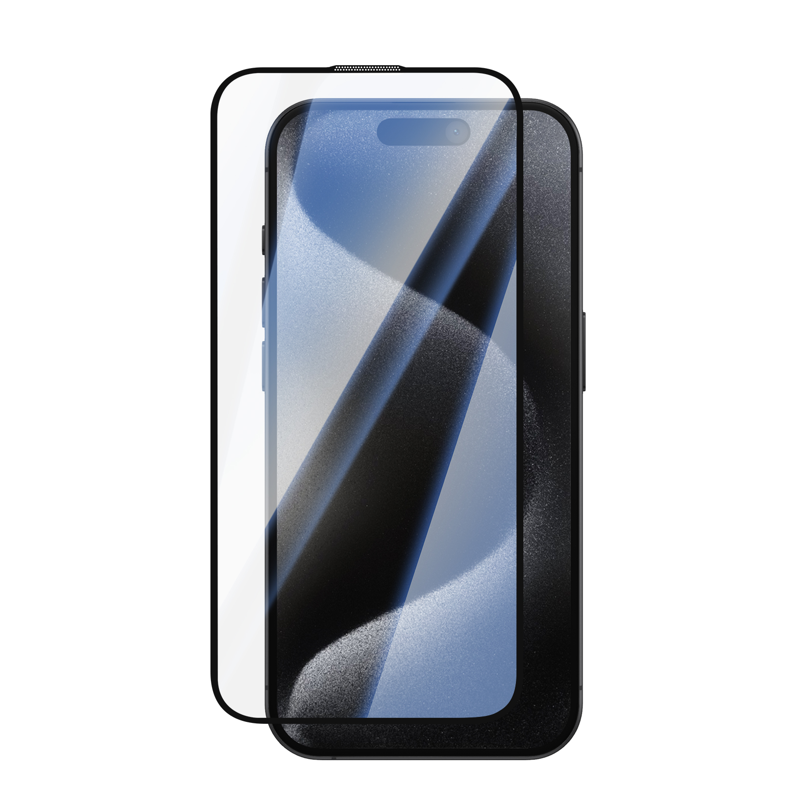 Uno smartphone nero con una pellicola protettiva in vetro posizionata leggermente davanti.