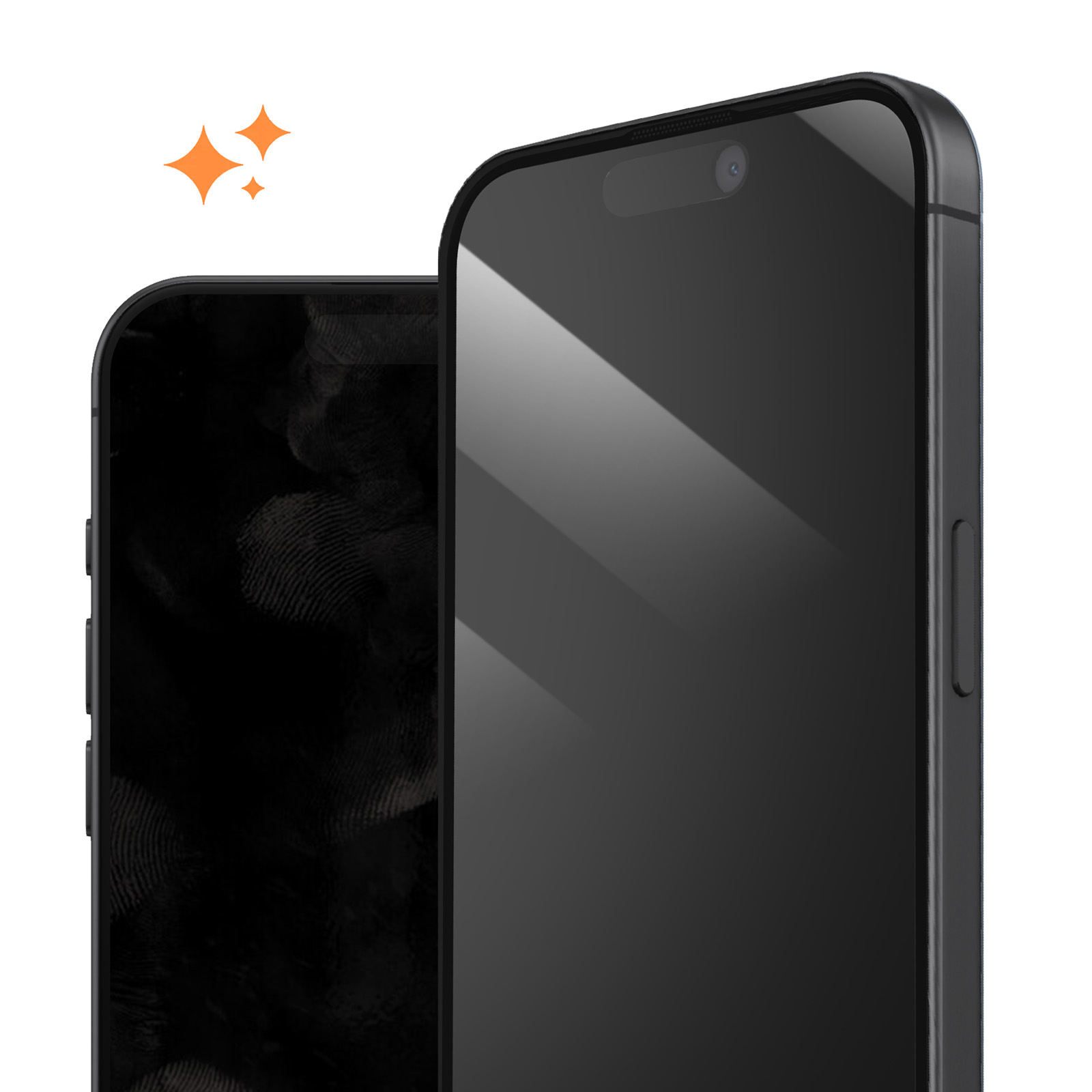 Due smartphone neri inclinati, con riflessi visibili e icone scintillanti arancioni in alto a sinistra.