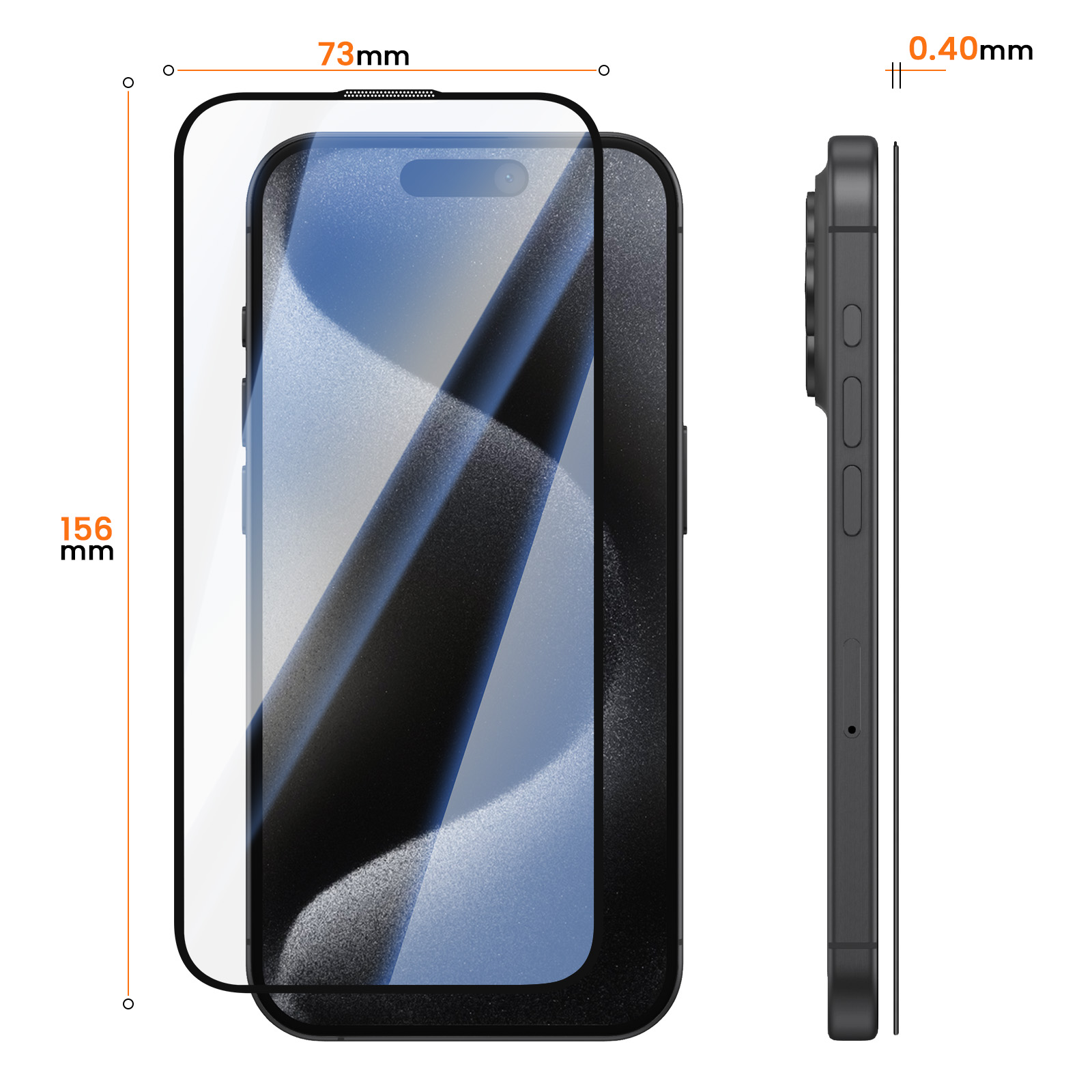Vista anteriore e laterale di uno smartphone con pellicola protettiva, con dimensioni di 156mm, 73mm e 0,40mm.