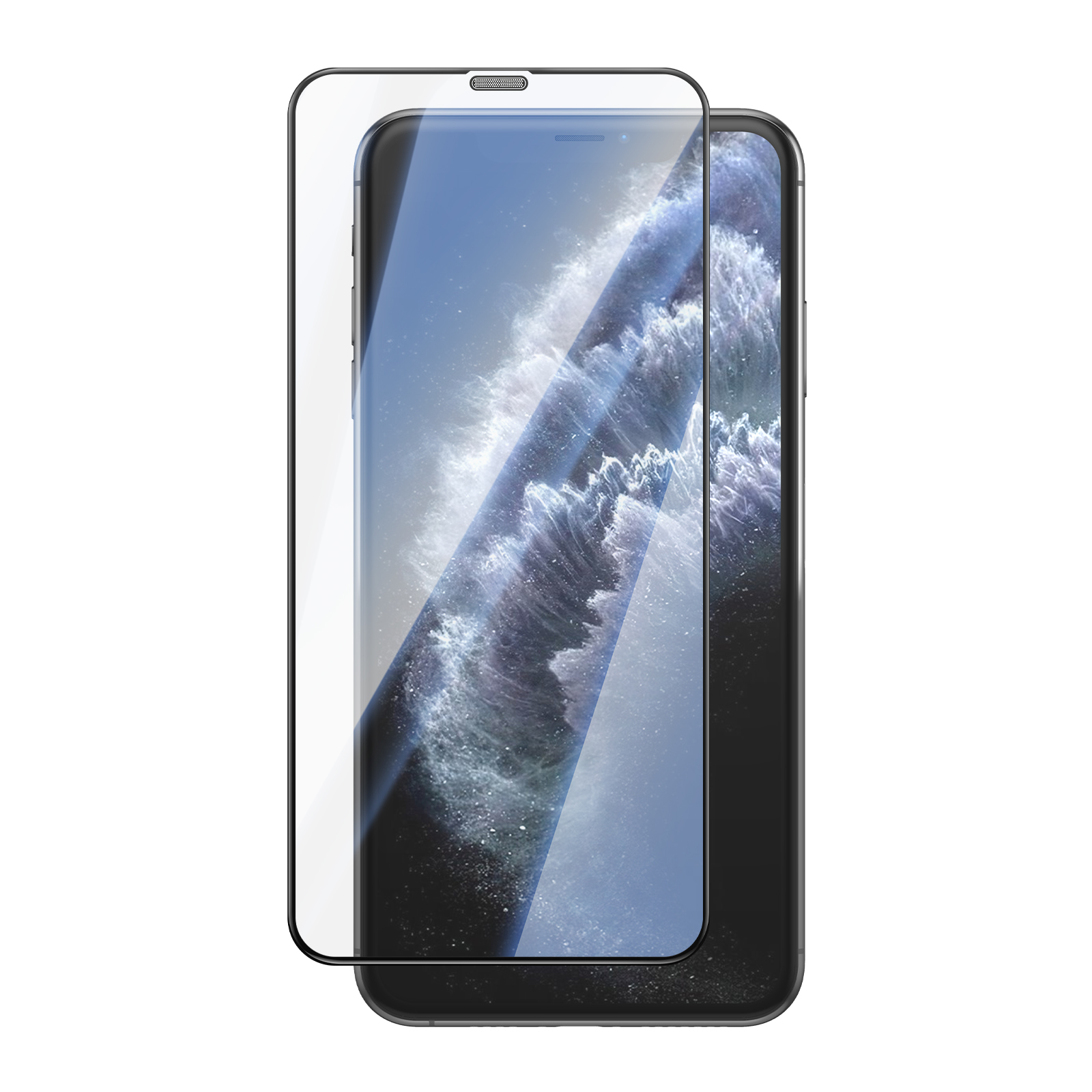 Un teléfono inteligente con un vidrio protector flotando ligeramente encima, mostrando las olas en la pantalla.