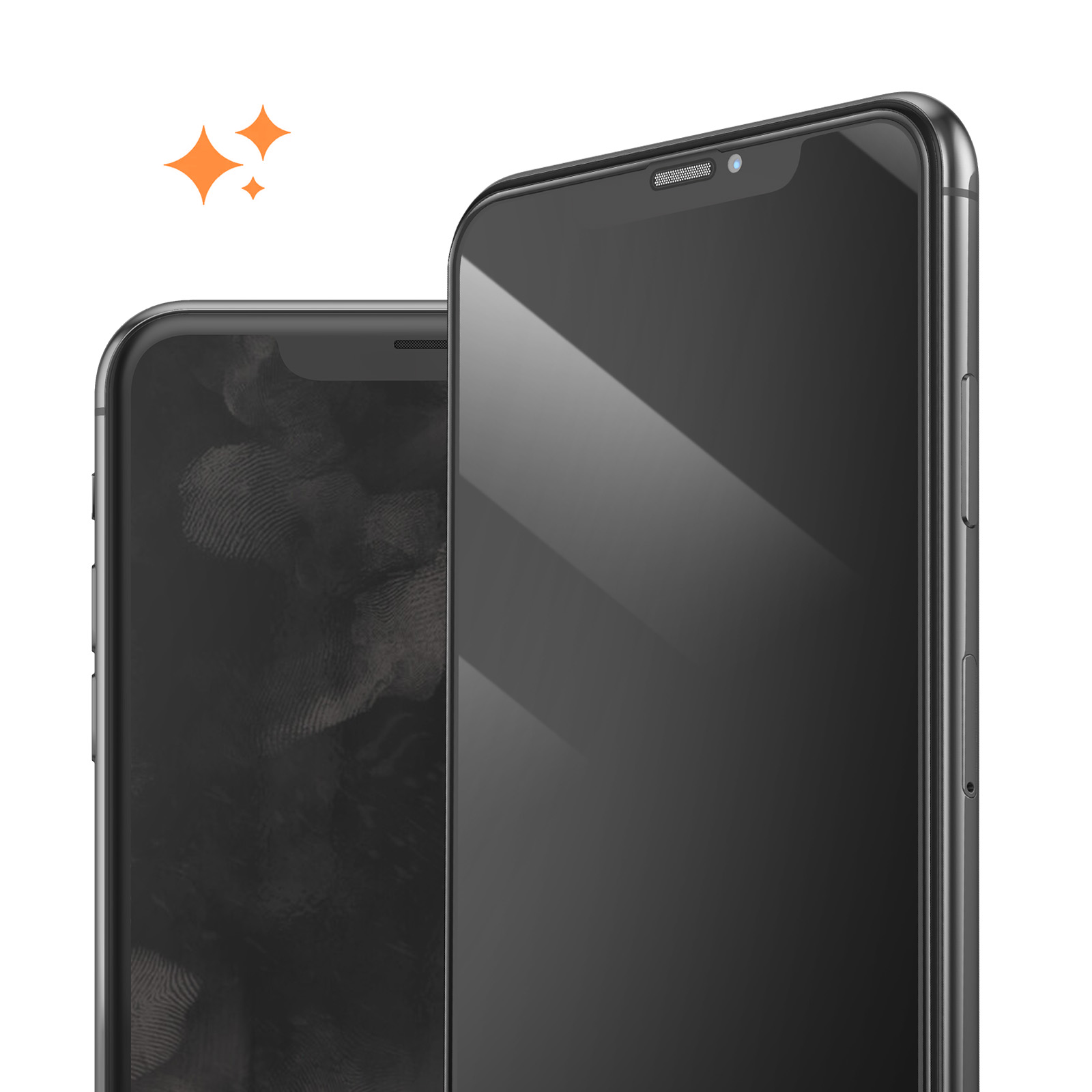 Dos teléfonos inteligentes negros con vidrio protector sobre fondo blanco y estrellas naranjas.