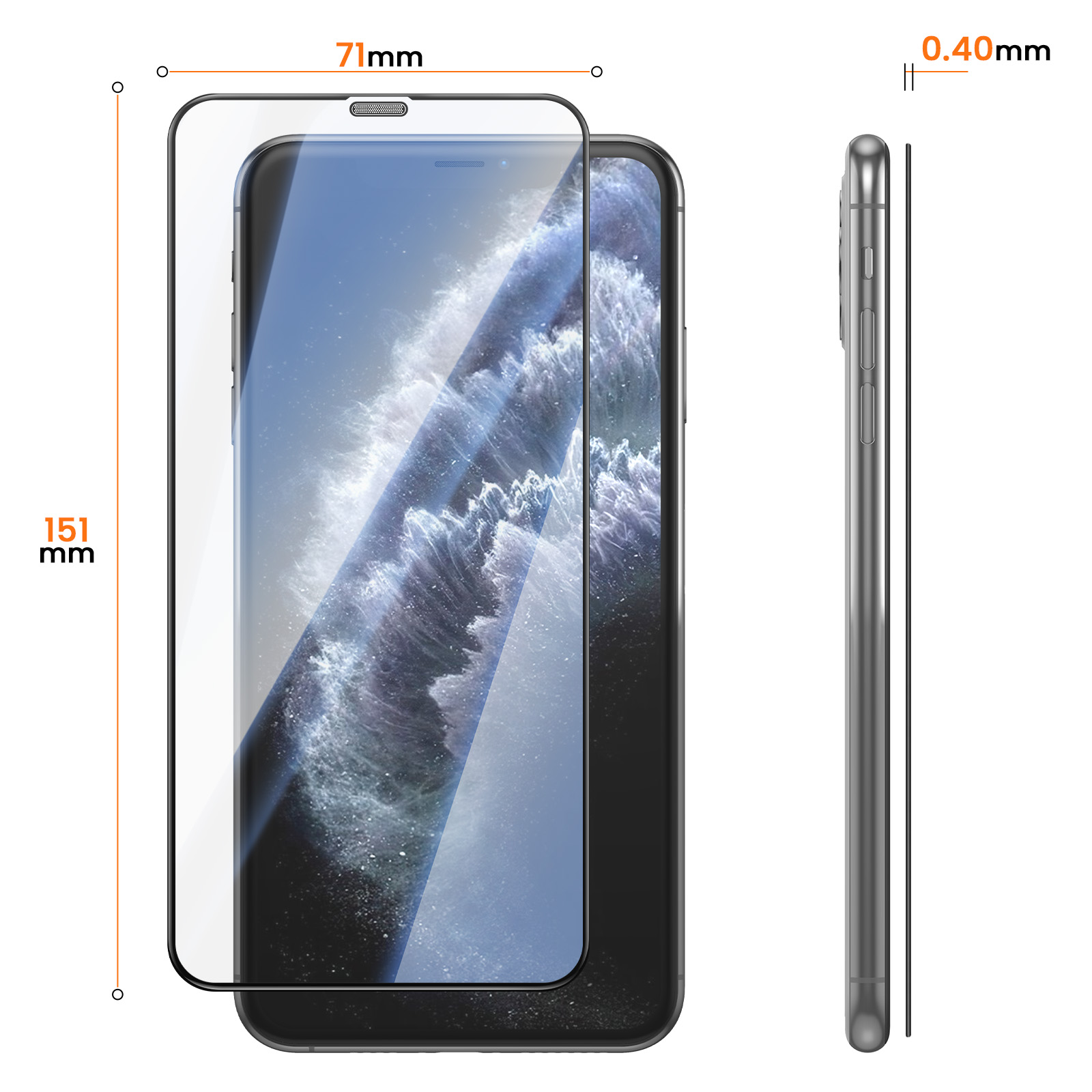Smartphone con cristal protector, dimensiones 151x71 mm y 0.40 mm de grosor, vista frontal y lateral.