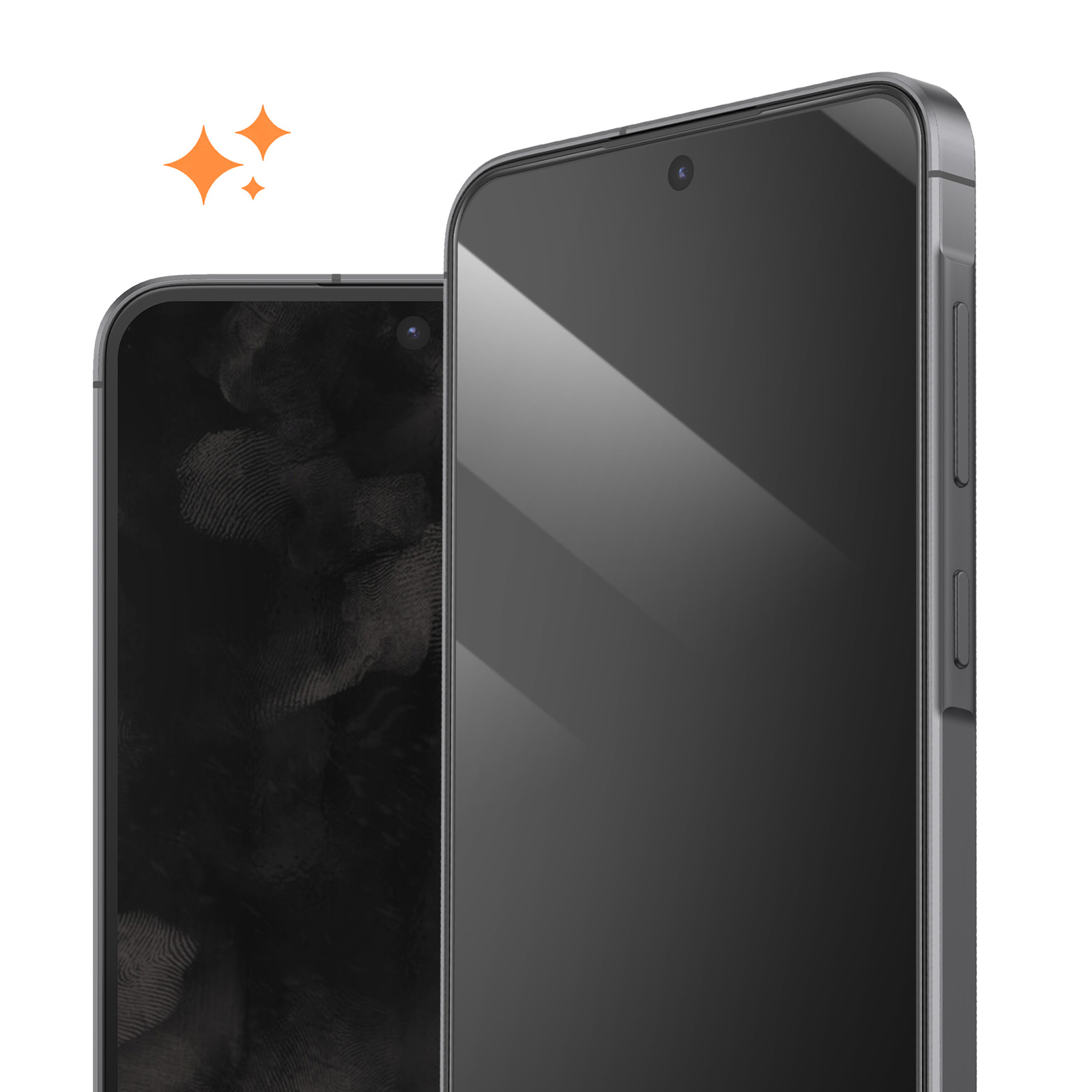 Due moderni smartphone grigi con schermi lucidi e icone di stelle arancioni sullo sfondo.