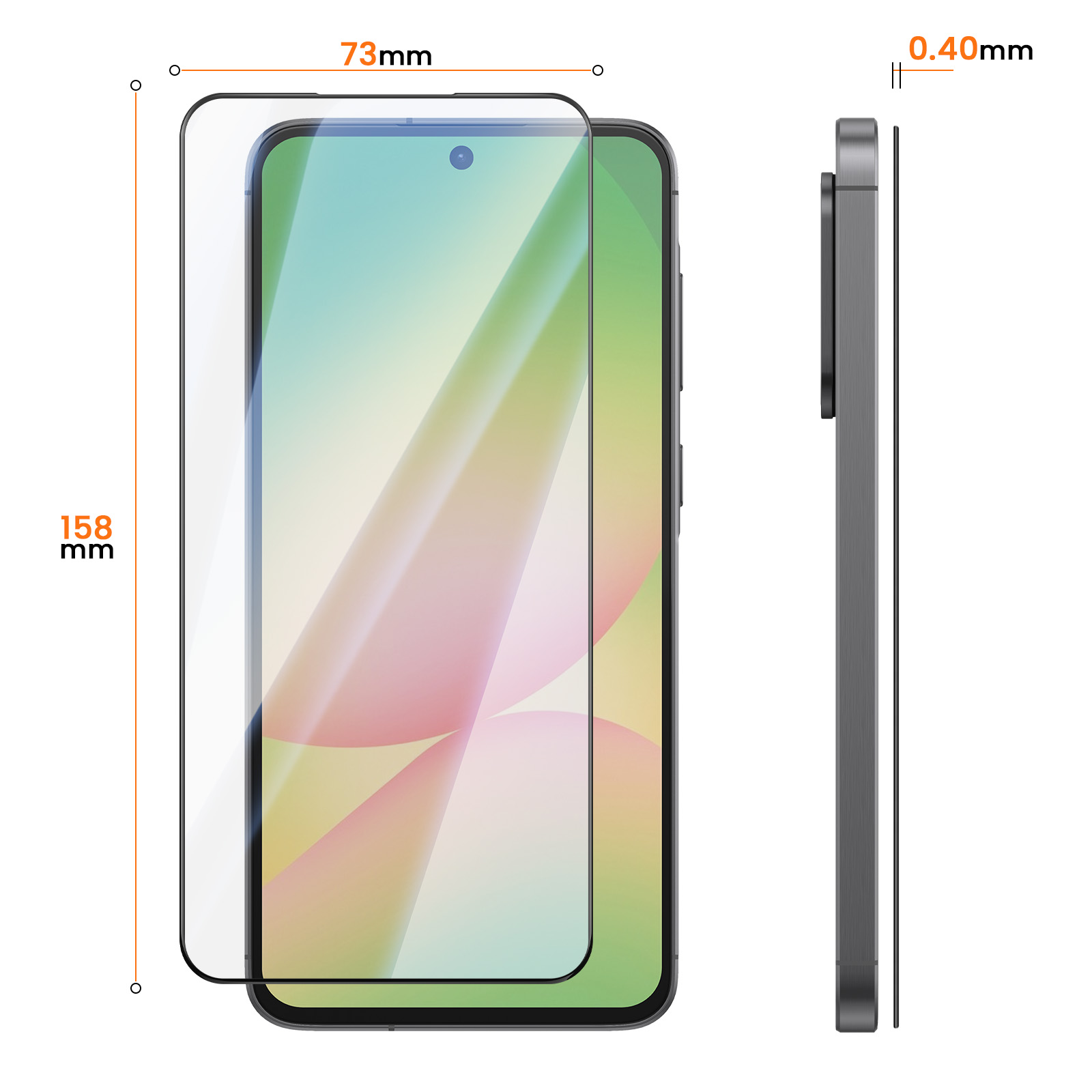 Disegno tecnico di uno smartphone con pellicola protettiva, dimensioni 158mm x 73mm e spessore di 0.40mm.