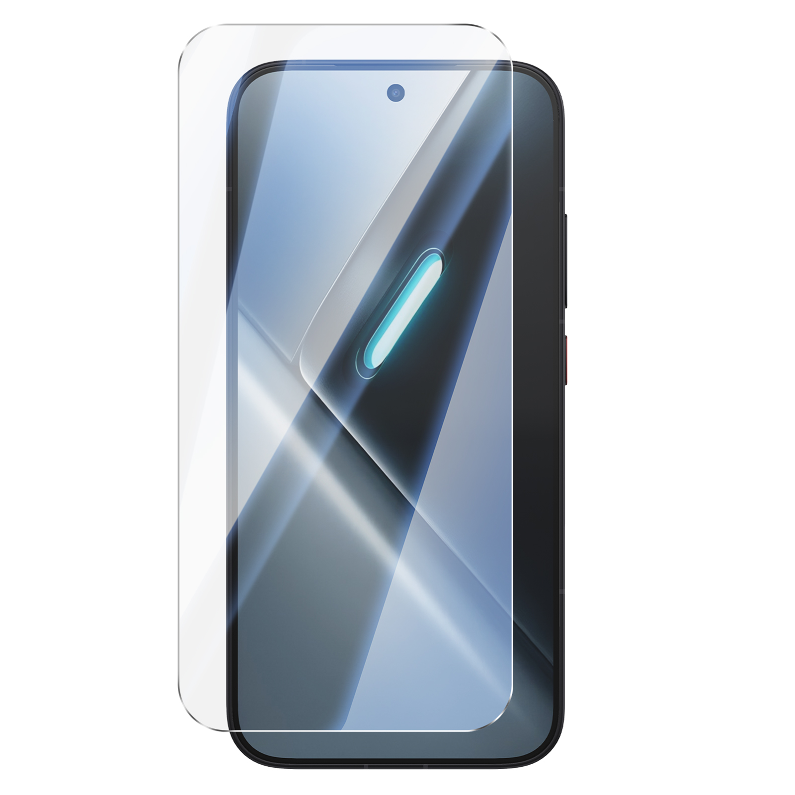 Un protector de pantalla de vidrio transparente se encuentra inclinado frente a un smartphone moderno.