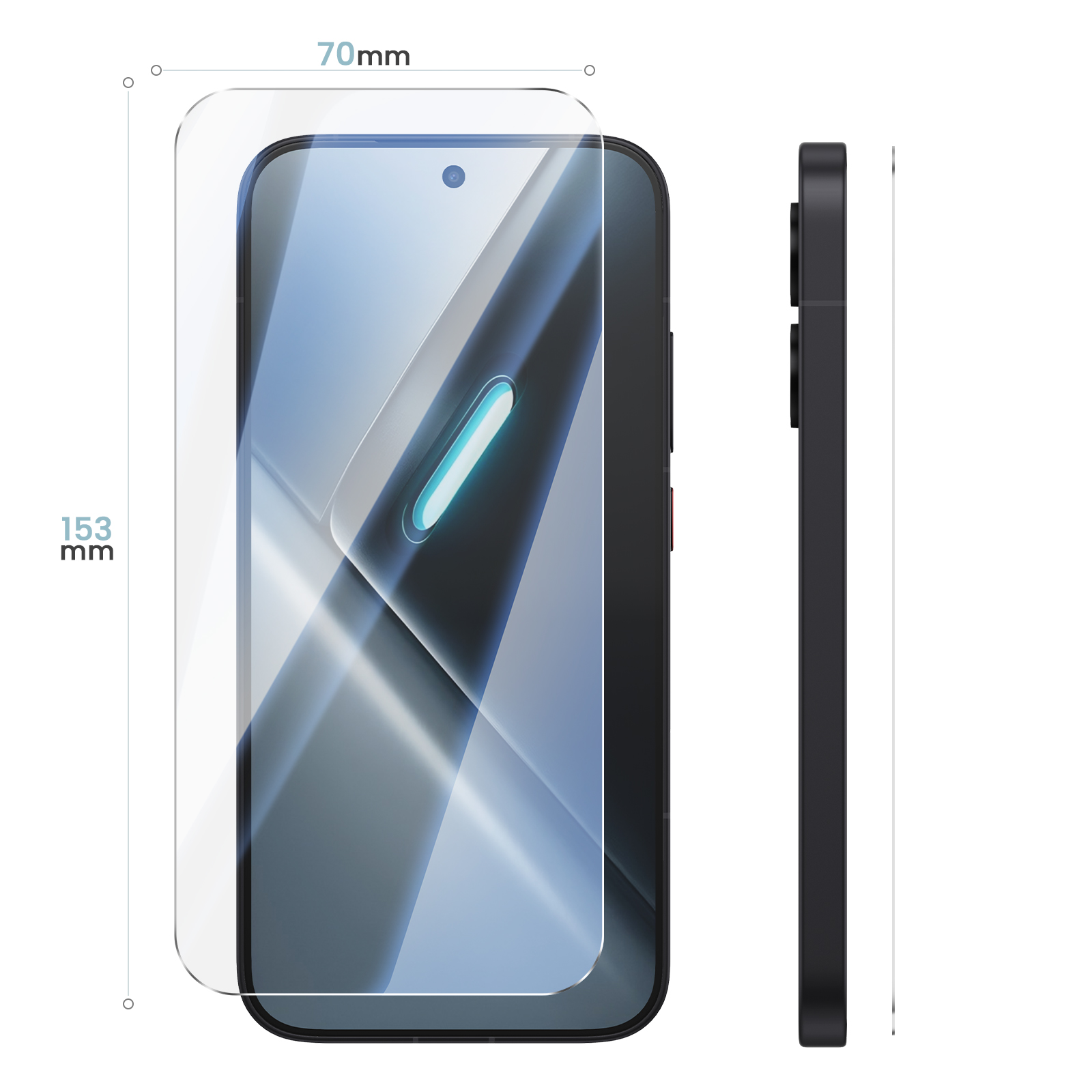 Un smartphone negro con protector de pantalla, de 70x153 mm, visto de frente y de lado.