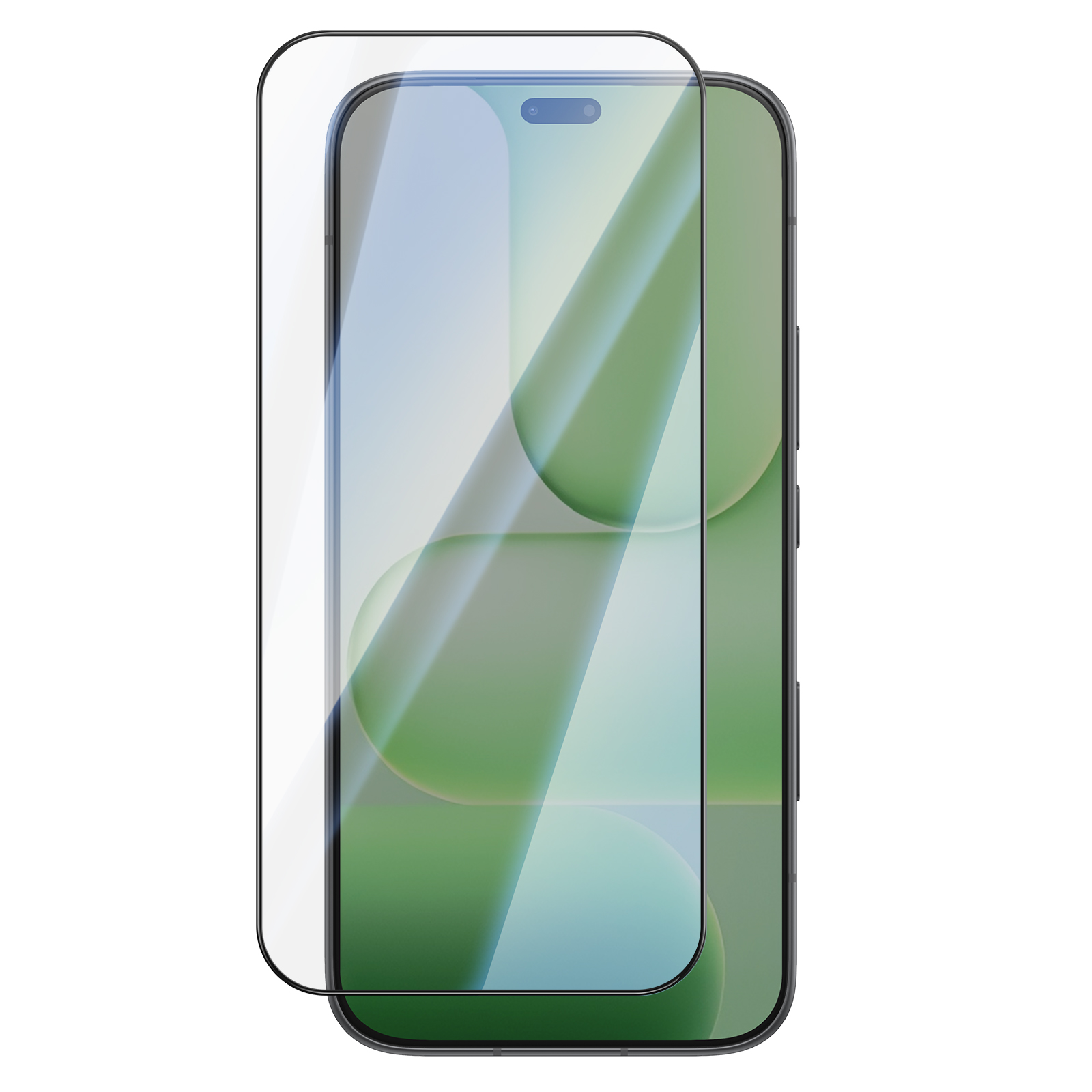 Un teléfono inteligente con un protector de pantalla de vidrio templado curvo flotando ligeramente sobre su pantalla.