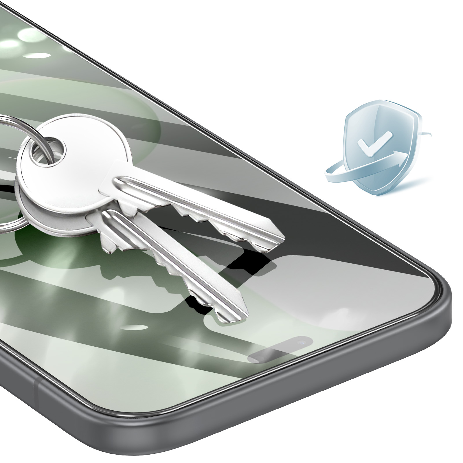 Llaves plateadas sobre la pantalla de un smartphone, junto con un icono de escudo de seguridad azul.