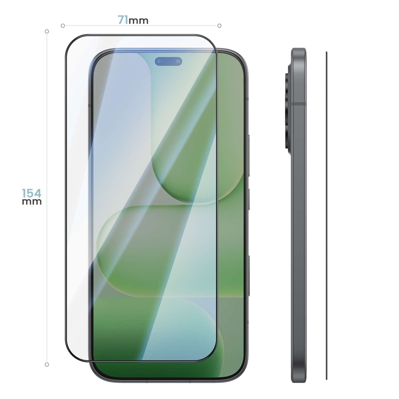 Smartphone con protector de pantalla, dimensiones 154 mm x 71 mm, vista frontal y lateral.