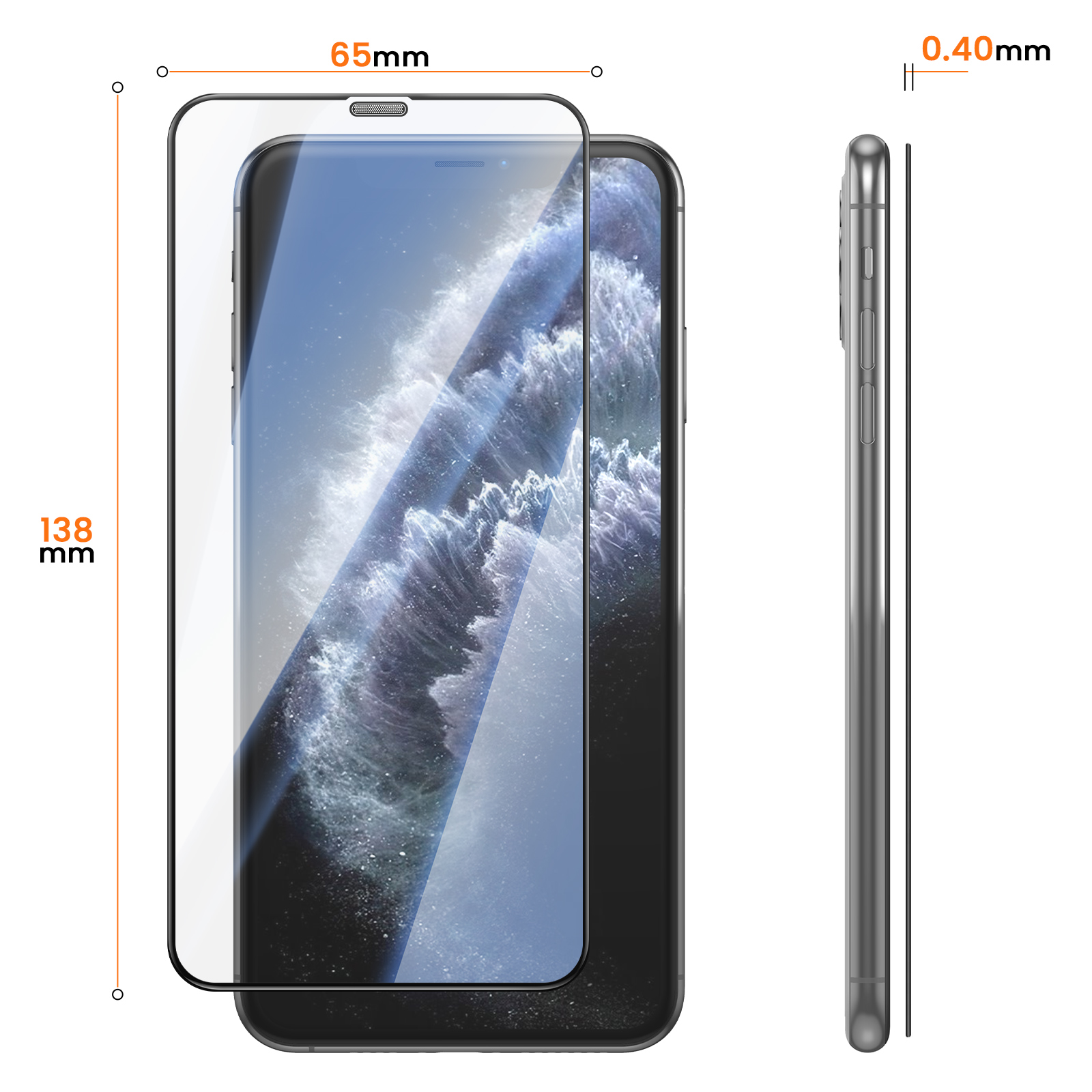 Smartphone con dimensiones de protector de pantalla: 138mm de alto, 65mm de ancho y 0,40mm de grosor.