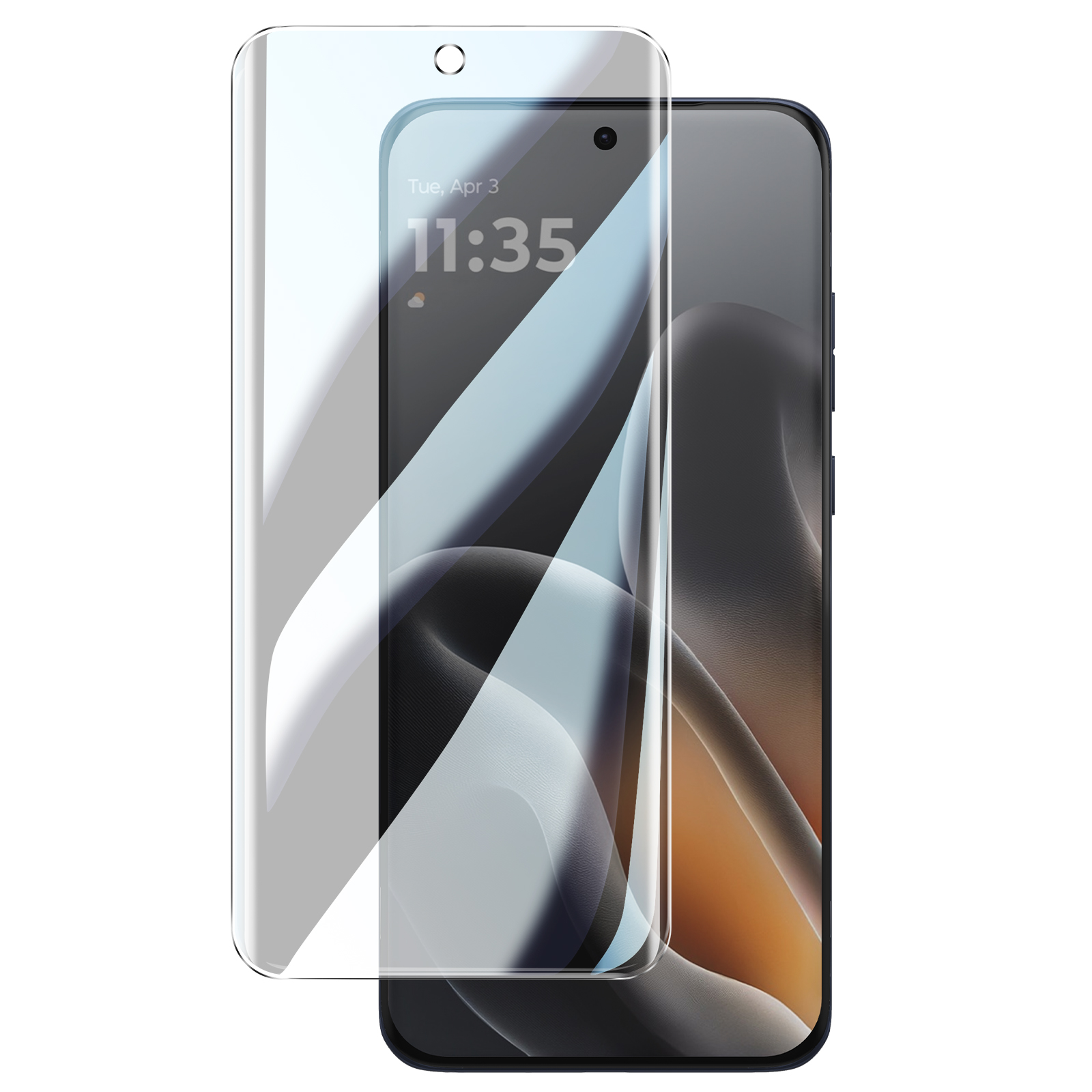 Un teléfono inteligente con pantalla curva y un protector de pantalla transparente delante sobre fondo blanco.