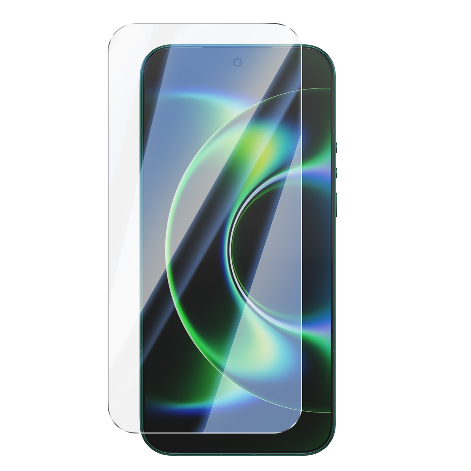 Un teléfono inteligente con un protector de pantalla transparente colocado ligeramente encima.
