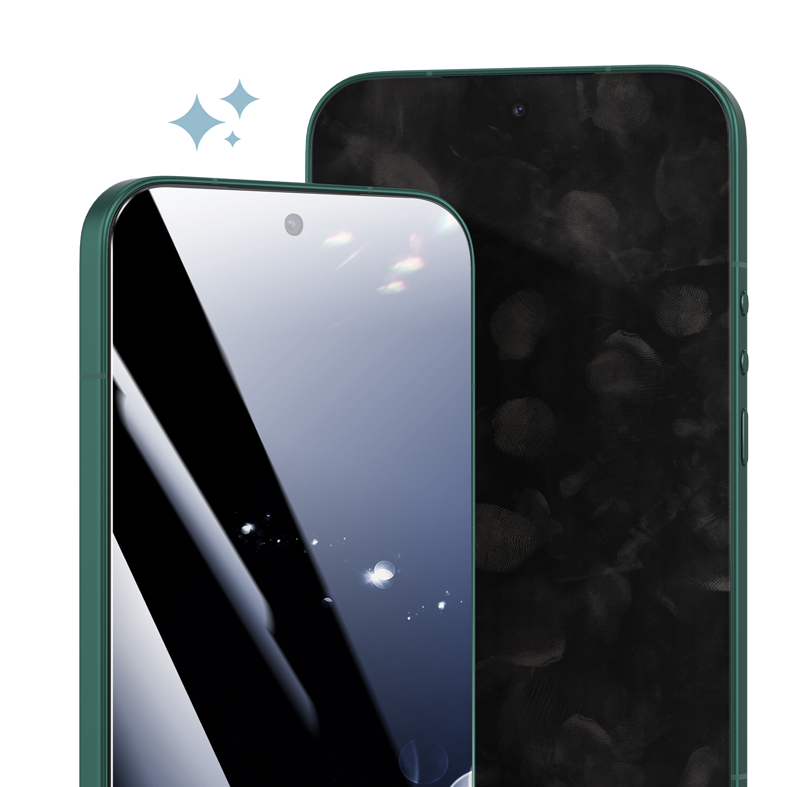 Dos smartphones verdes juntos, uno limpio con brillos y otro con huellas dactilares.