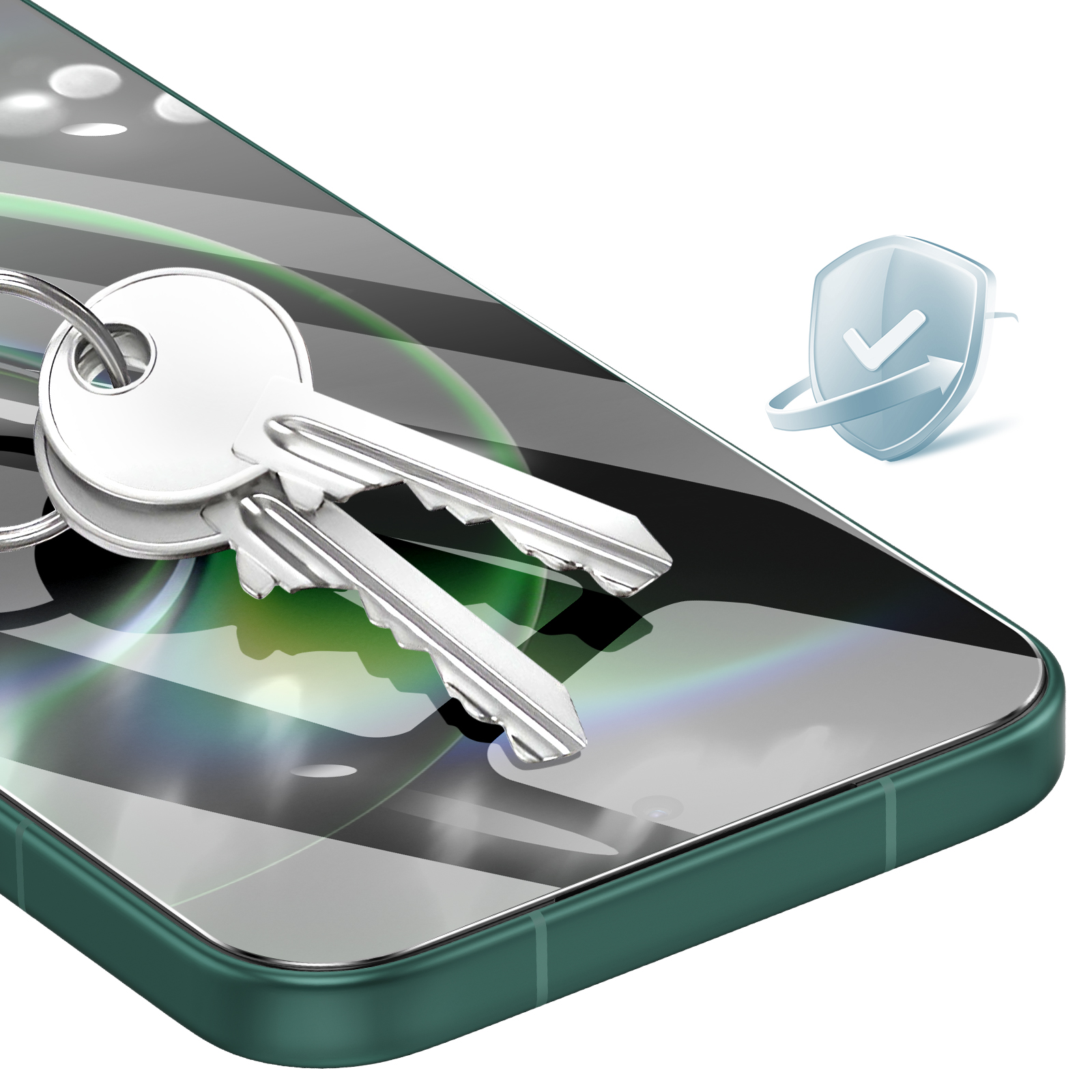 Llaves de metal sobre la pantalla de un smartphone con un icono de escudo protector.