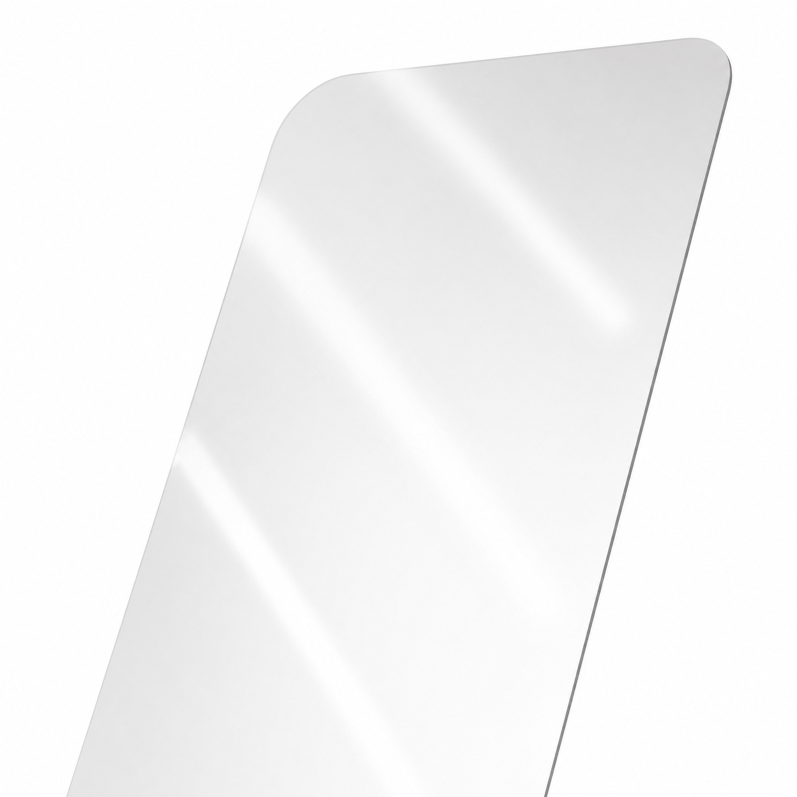 Un protector de pantalla de vidrio brillante y transparente con esquinas redondeadas sobre fondo blanco.