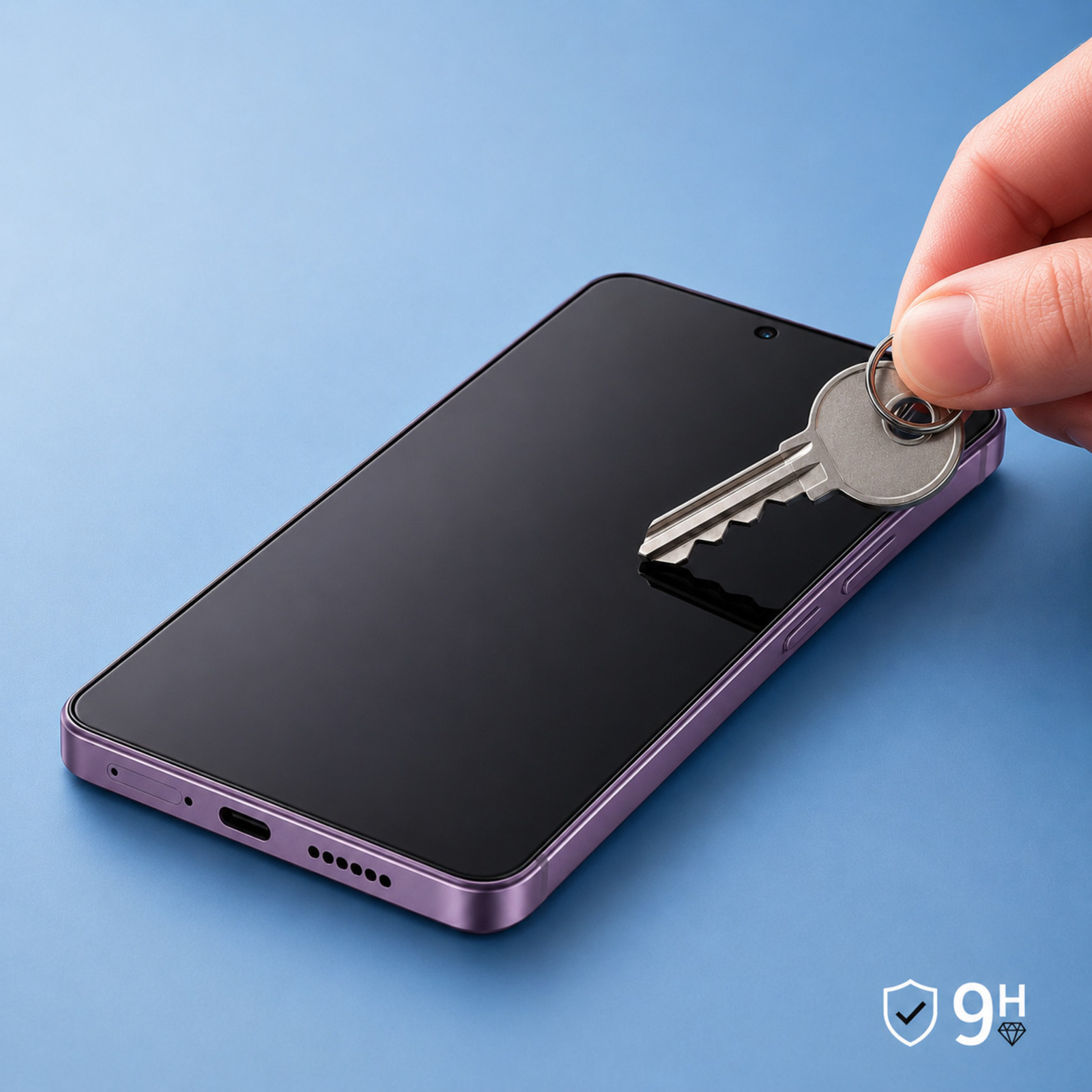 Una mano sosteniendo una llave de metal arañando la pantalla de un móvil, sobre fondo azul con icono 9H.