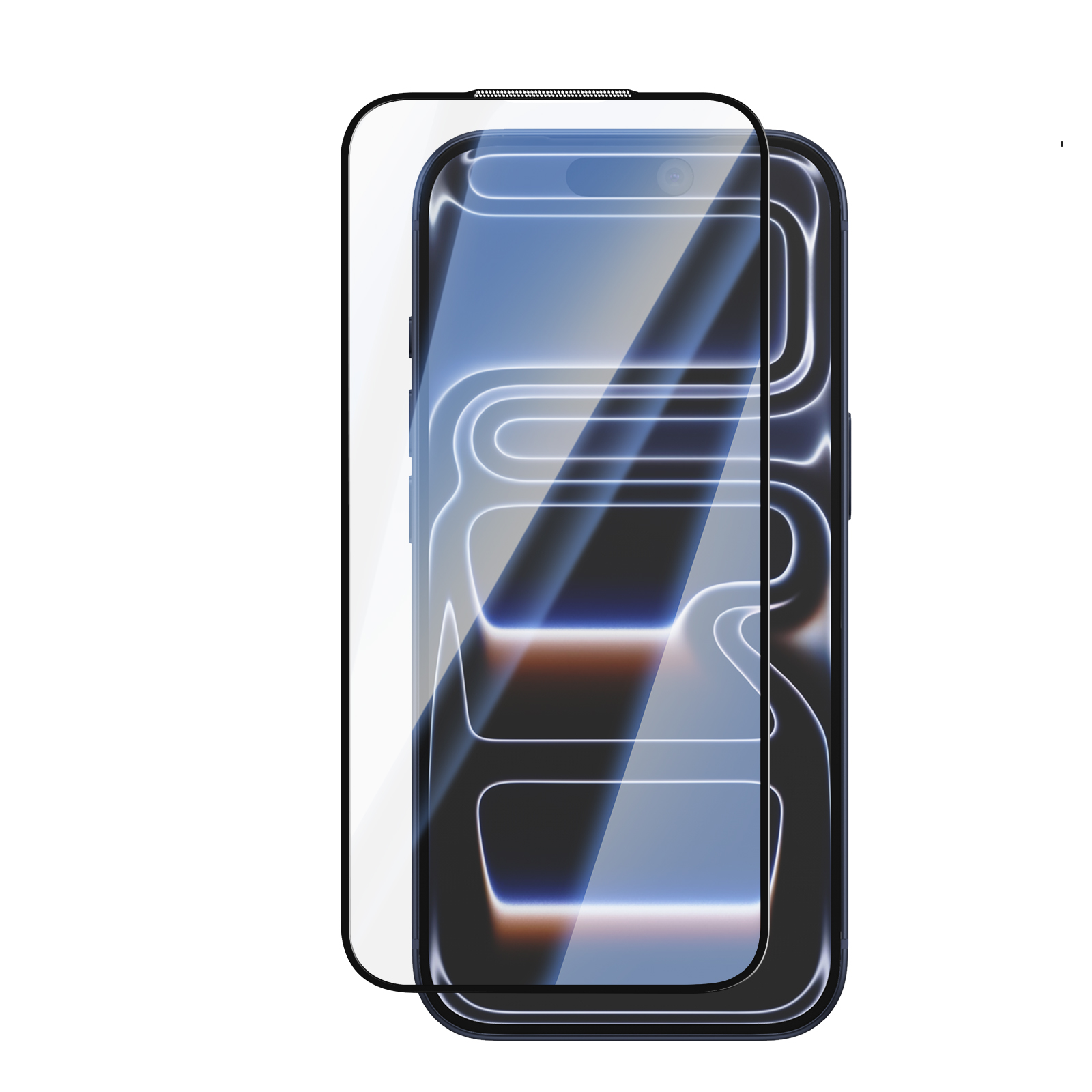 Un teléfono inteligente con un protector de pantalla de vidrio en la pantalla, sobre fondo blanco.