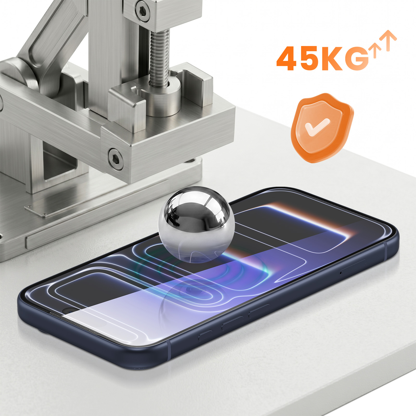 Bola de metal sobre smartphone en prueba con texto de 45kg e icono de escudo.
