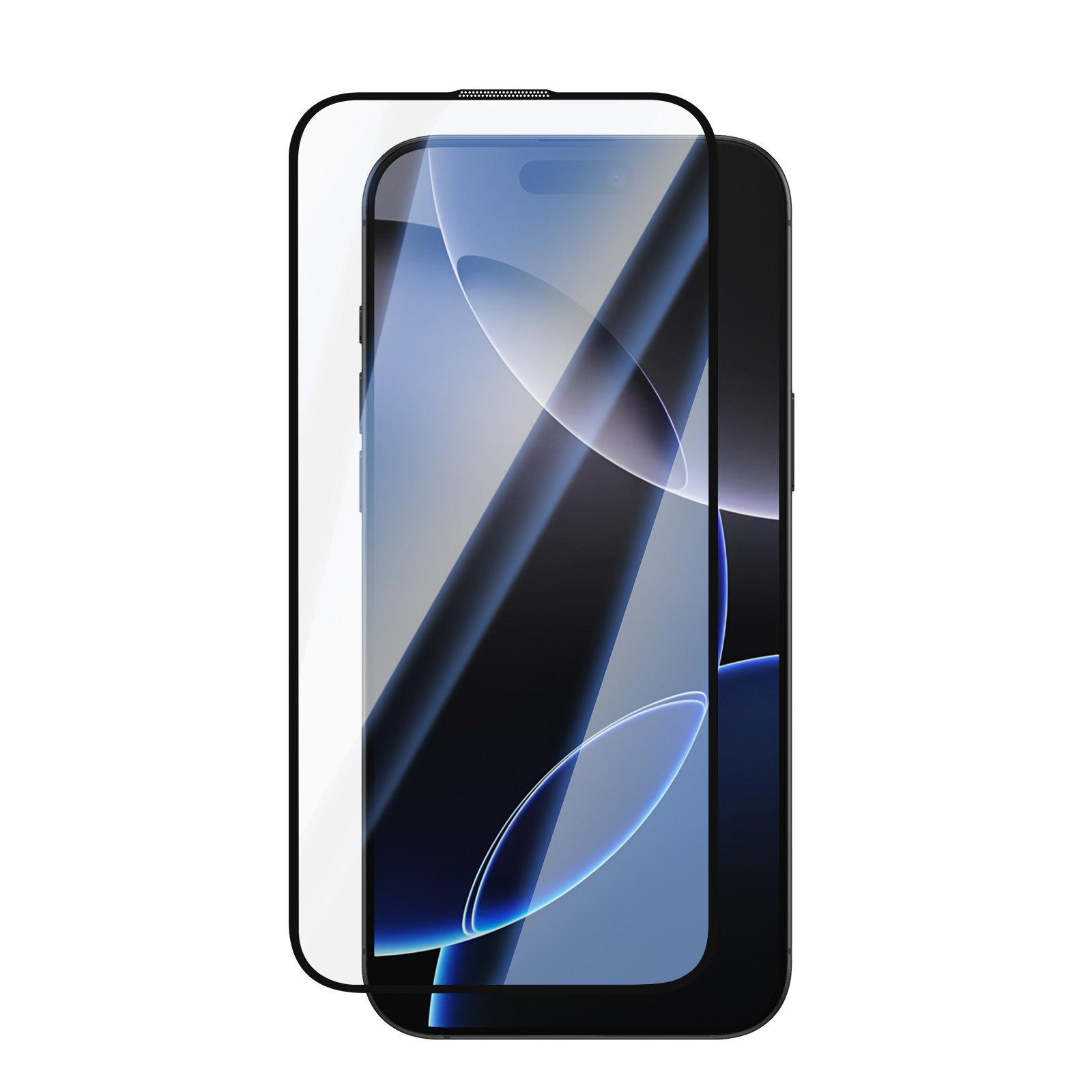 Smartphone negro con un protector de pantalla de vidrio flotando ligeramente encima.