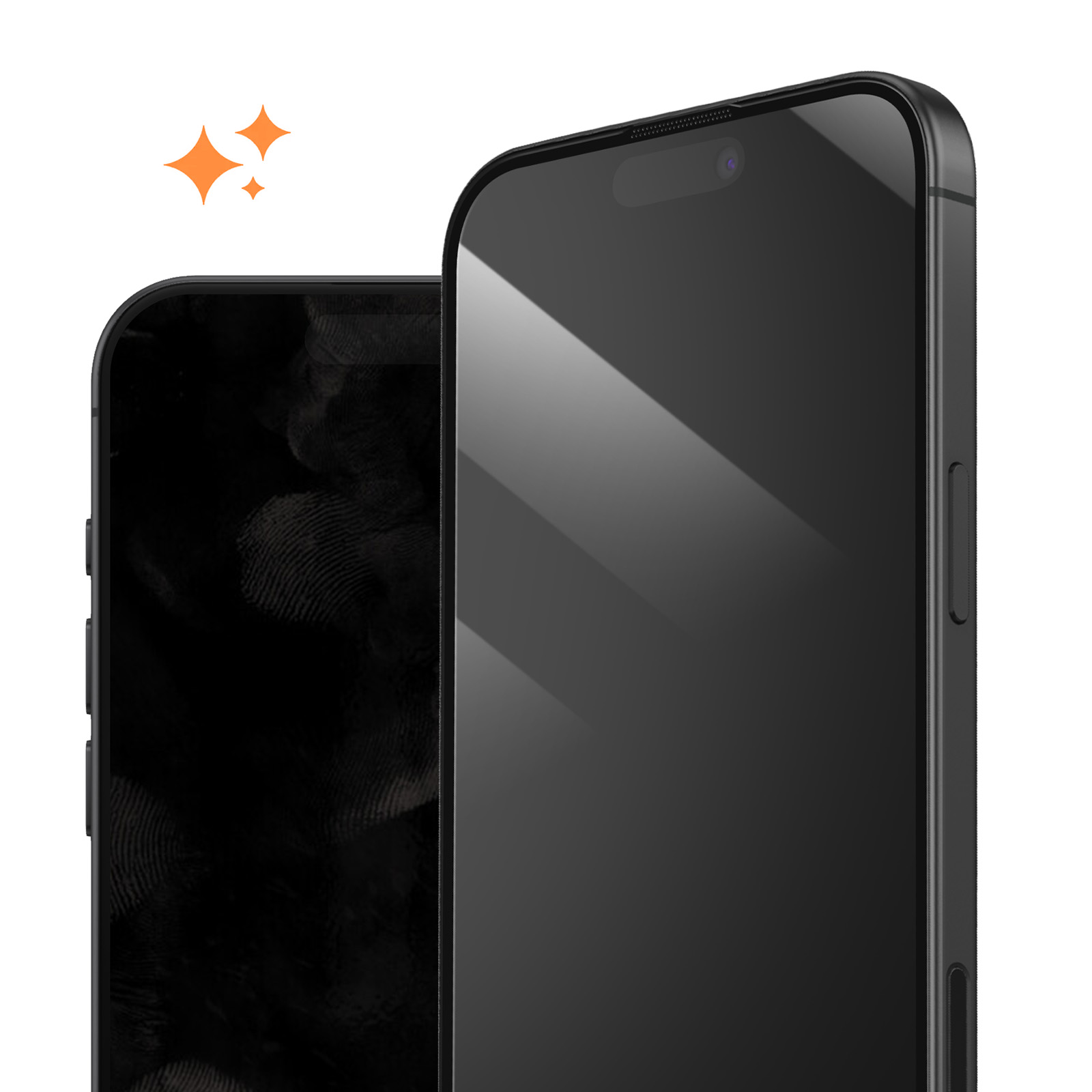 Dos smartphones negros se encuentran diagonalmente uno al lado del otro sobre fondo blanco con pequeñas estrellas naranjas.
