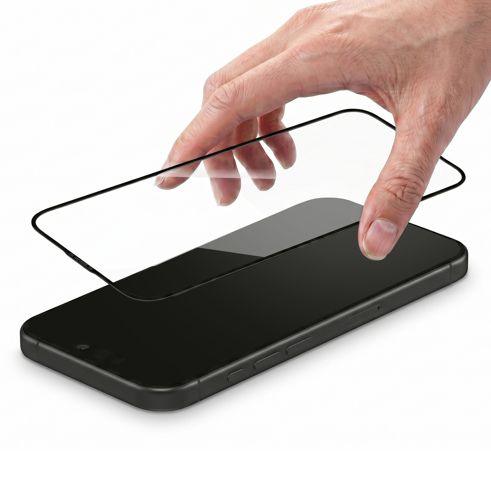 Una mano coloca un protector de pantalla de vidrio templado en un smartphone.