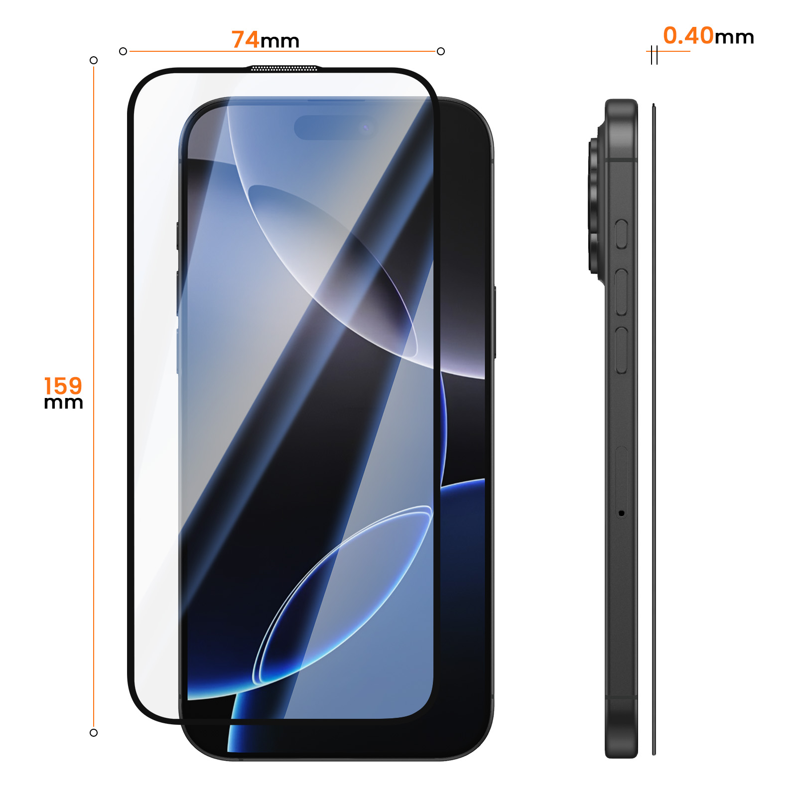Dibujo técnico de smartphone con protector de pantalla, dimensiones 159 mm por 74 mm y 0,40 mm de grosor.