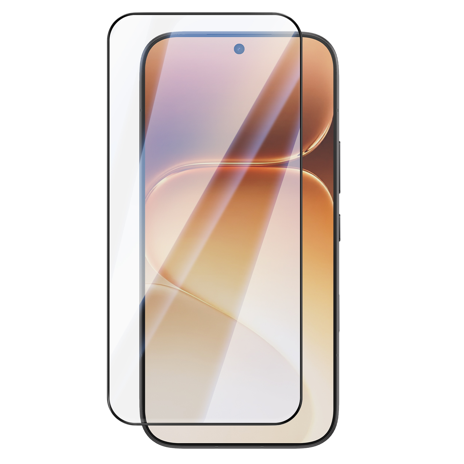 Smartphone con un protector de pantalla de vidrio transparente desprendido sobre fondo brillante.