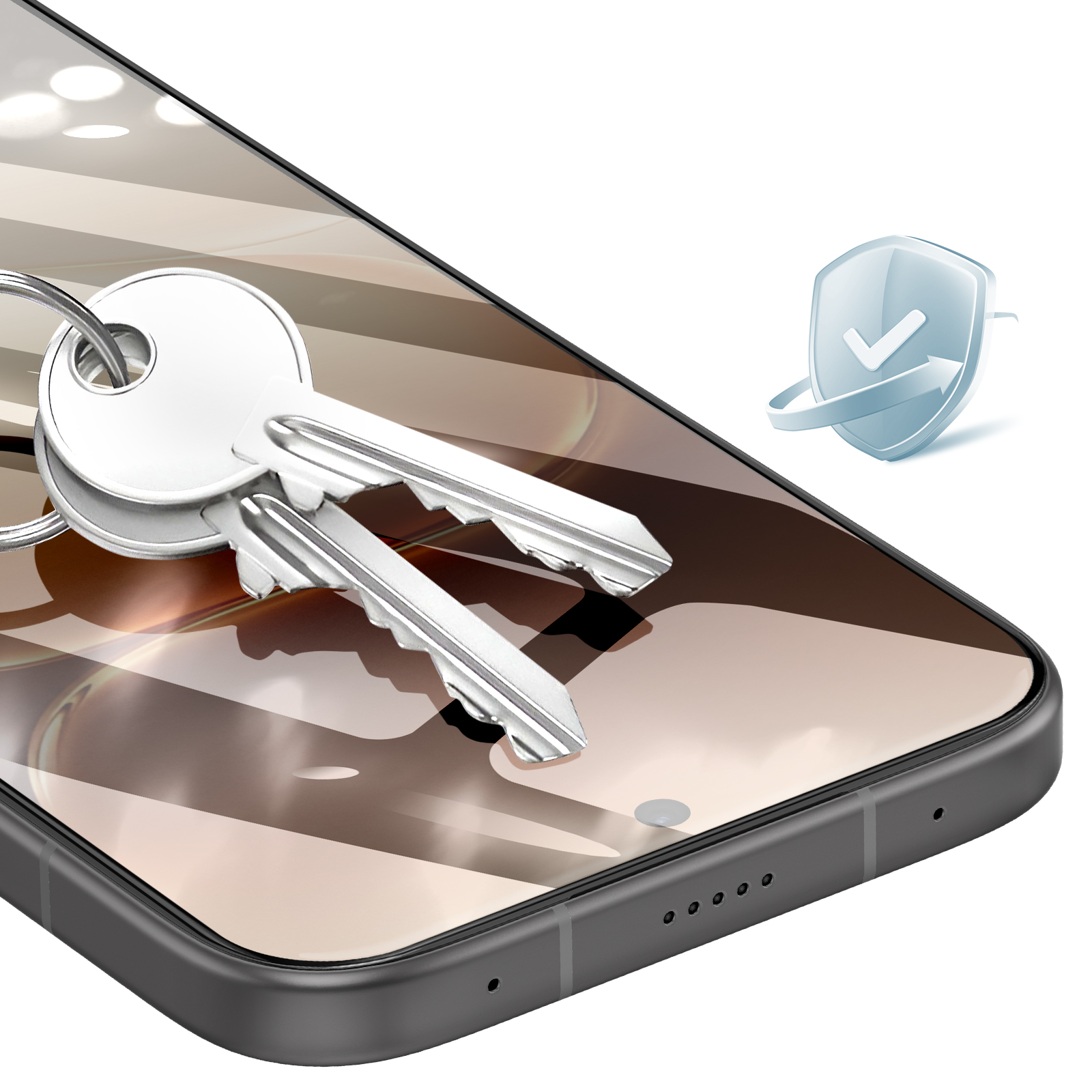 Llaves plateadas descansan sobre la pantalla de un smartphone con escudo de seguridad.