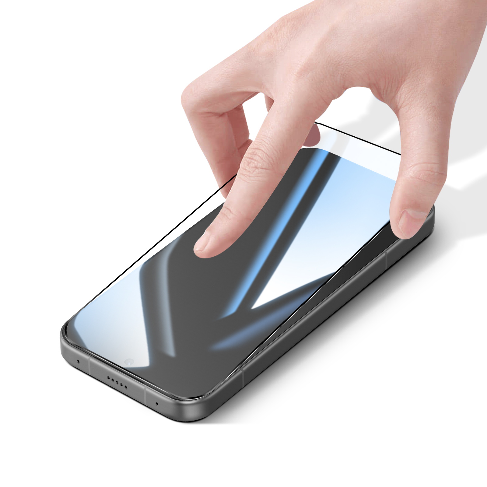 Una mano toca la pantalla de un teléfono inteligente sobre un fondo blanco.