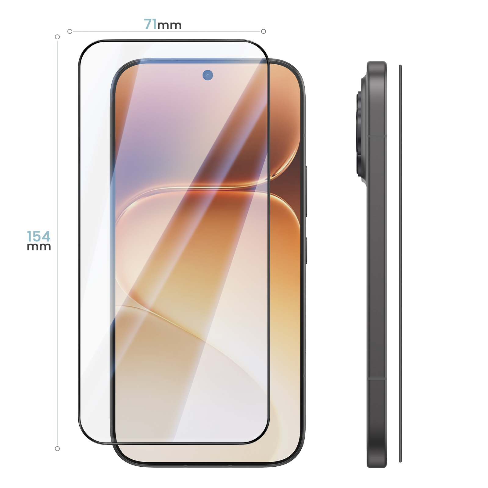 Un teléfono con protector de pantalla, con dimensiones de 71 mm de ancho y 154 mm de alto.