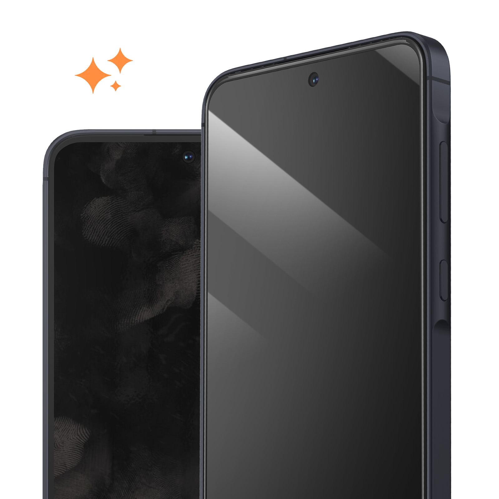 Due moderni smartphone neri su sfondo bianco con icone scintillanti.