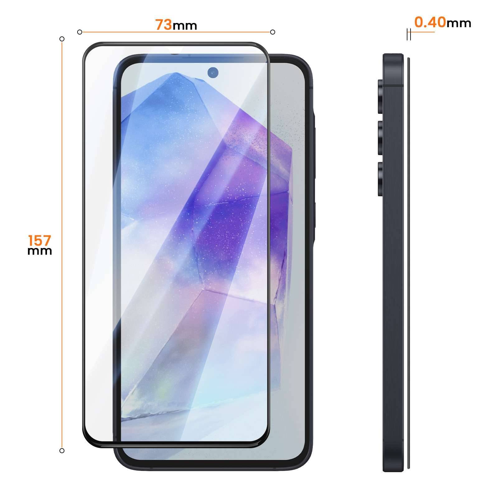 Smartphone con pellicola protettiva, con dimensioni di 157mm di altezza, 73mm di larghezza e 0,40mm di spessore.