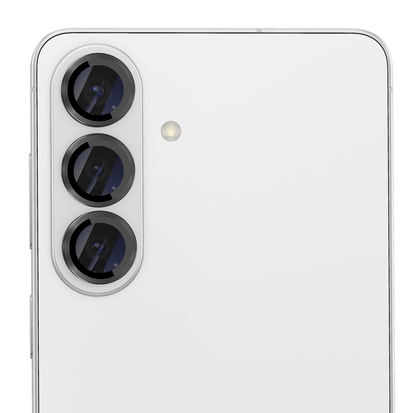 Parte trasera de un teléfono inteligente blanco con tres lentes de cámara alineadas verticalmente y un flash.