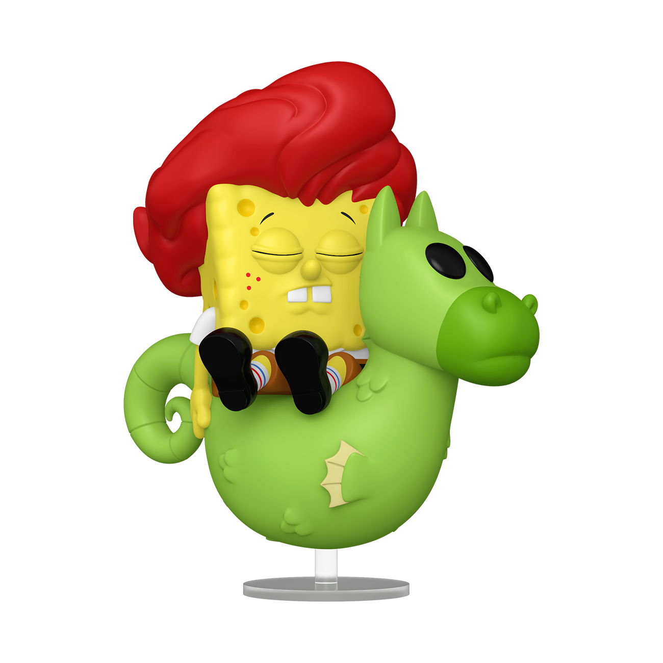 Figura de Bob Esponja con cabello rojo montando un caballito de mar verde sobre fondo negro.