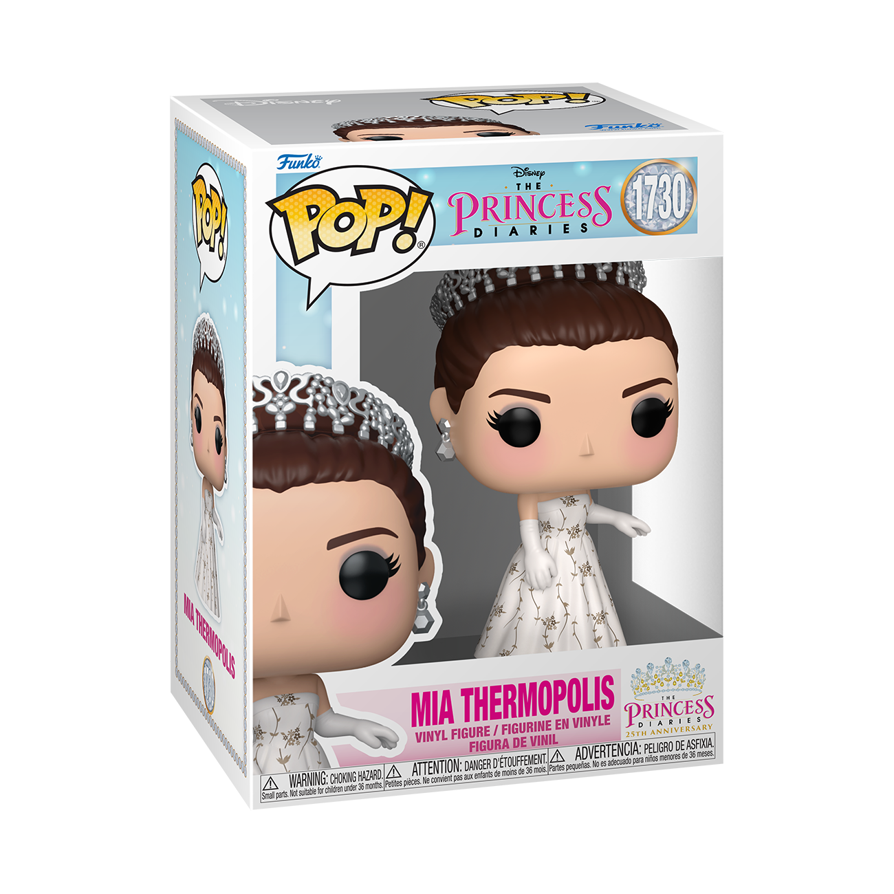 Figura Funko Pop de Mia Thermopolis con vestido blanco y tiara, dentro de su caja.