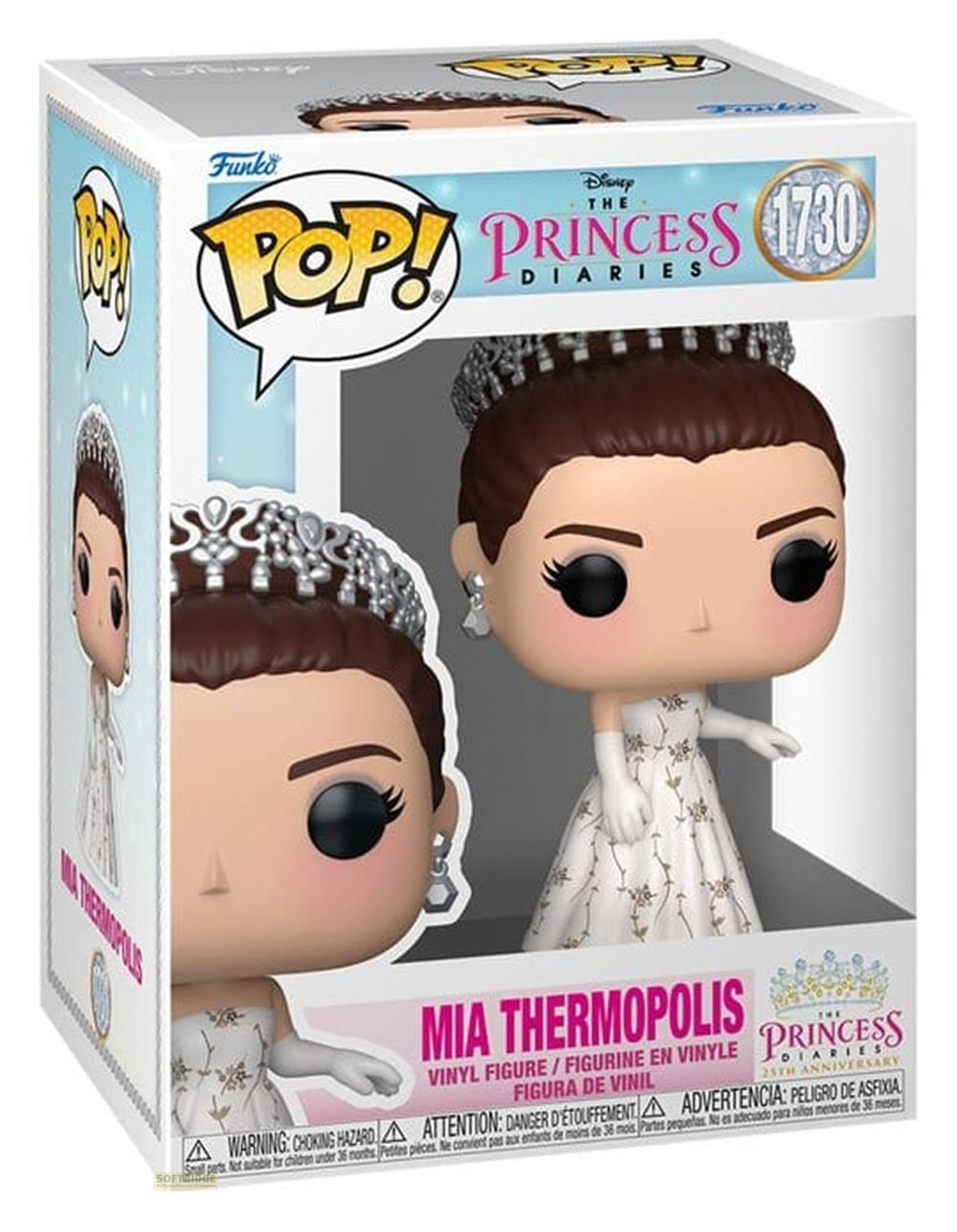 Figura Funko Pop de Mia Thermopolis con vestido blanco y tiara, en su caja decorada.