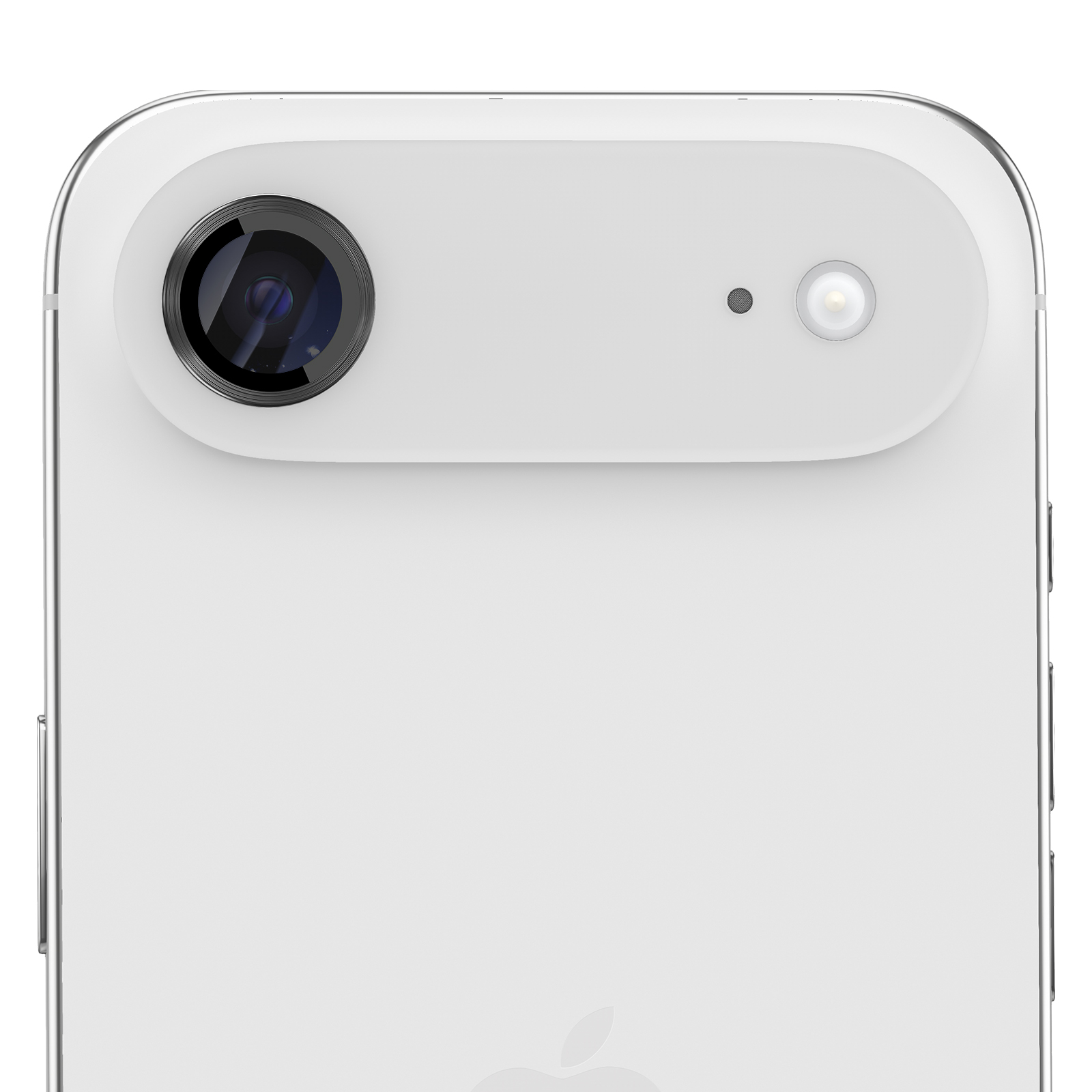 Primer plano de la parte trasera de un smartphone blanco con una lente de cámara, un micrófono y un flash LED.