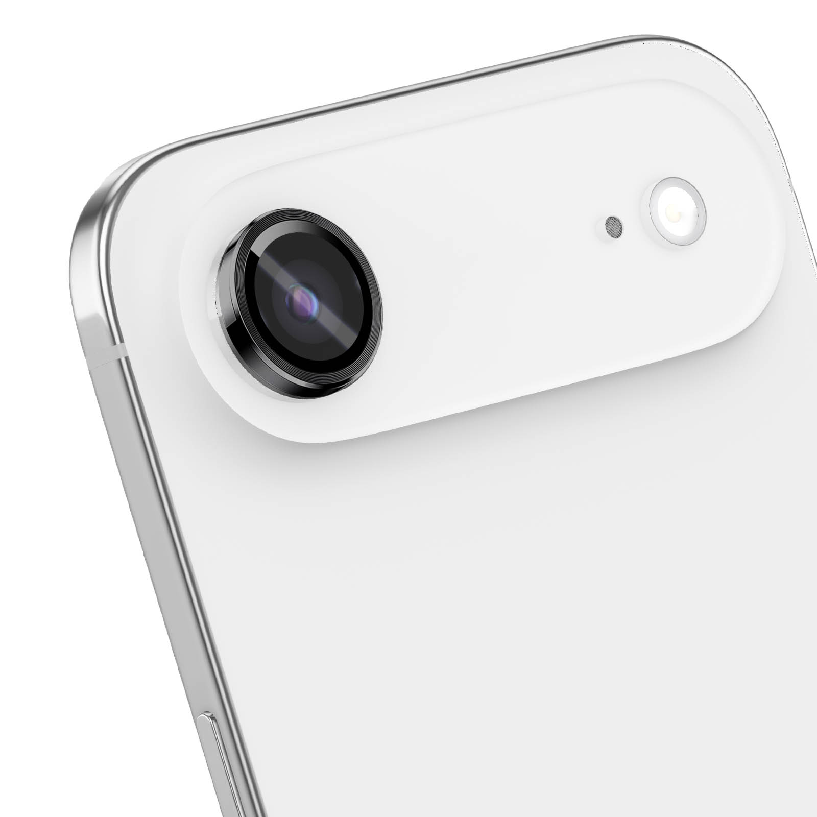 Primer plano de la parte trasera de un smartphone blanco con una lente de cámara y flash sobre fondo liso.