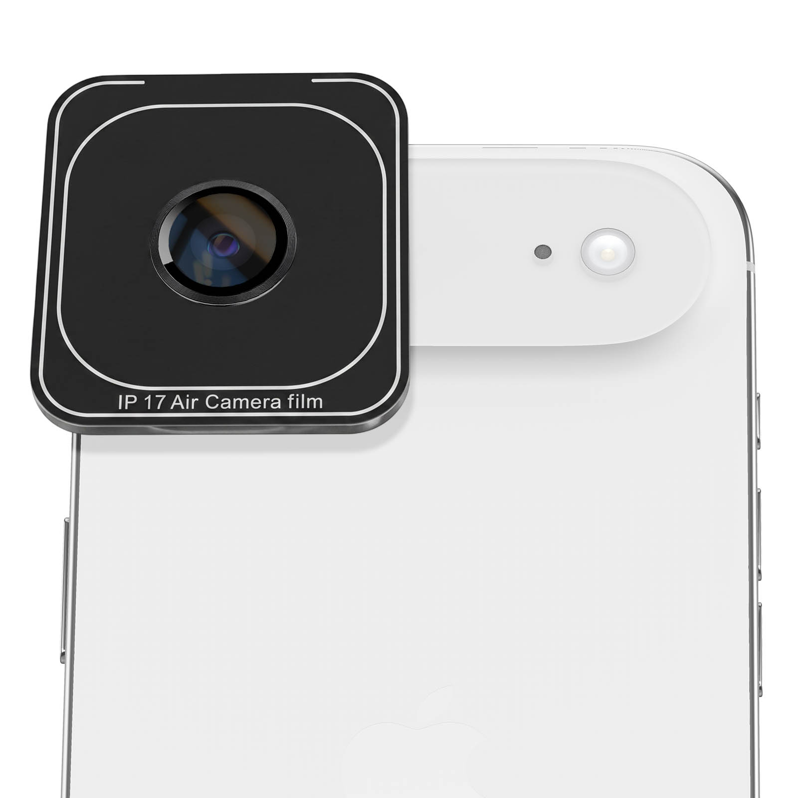 Un smartphone blanco con un protector de cámara cuadrado negro en la parte posterior etiquetado como IP 17 Air Camera film.