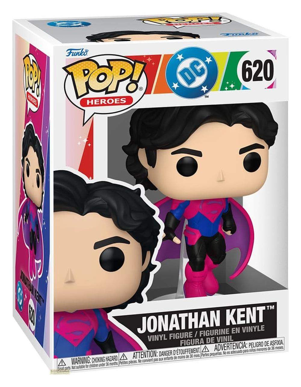 Funko Pop! Heroes 620 Vinylfigur von Jonathan Kent in pink-blauem Anzug mit Umhang in der Verpackung.