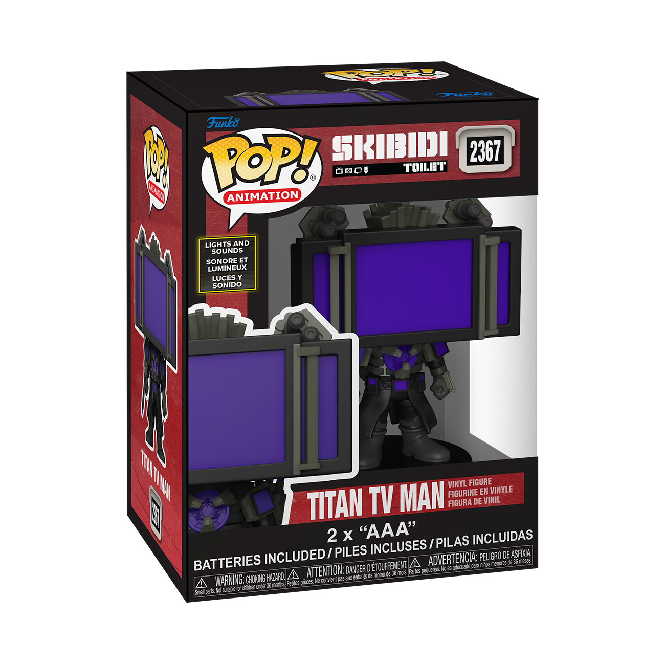 Figura de vinilo Pop de Skibidi Toilet Titan TV Man en caja negra y roja.