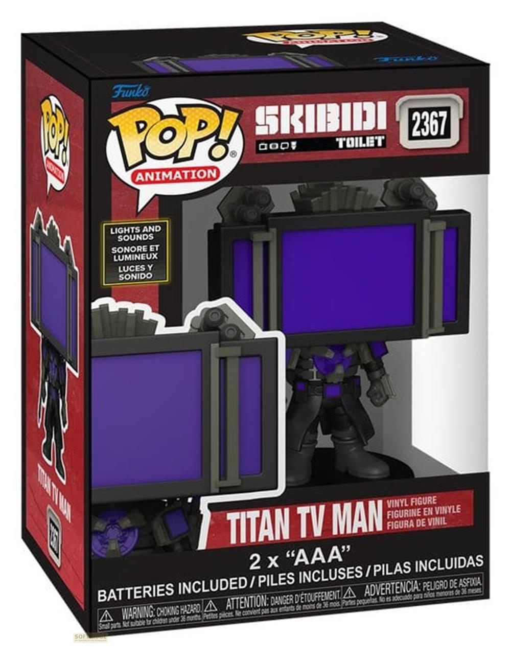 Figura de vinilo Funko Pop Titan TV Man en caja negra con detalles de TV morados.