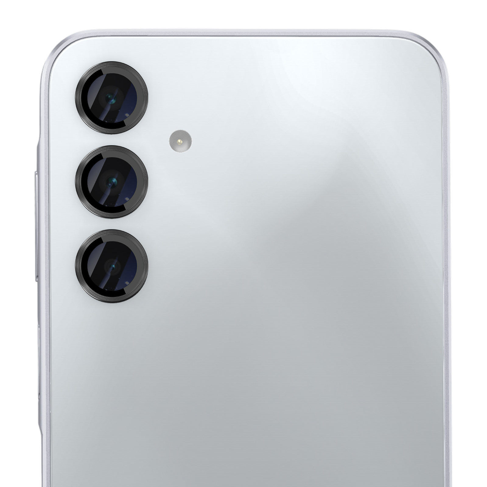 Parte trasera de un smartphone plateado con tres lentes de cámara alineadas verticalmente y un flash.