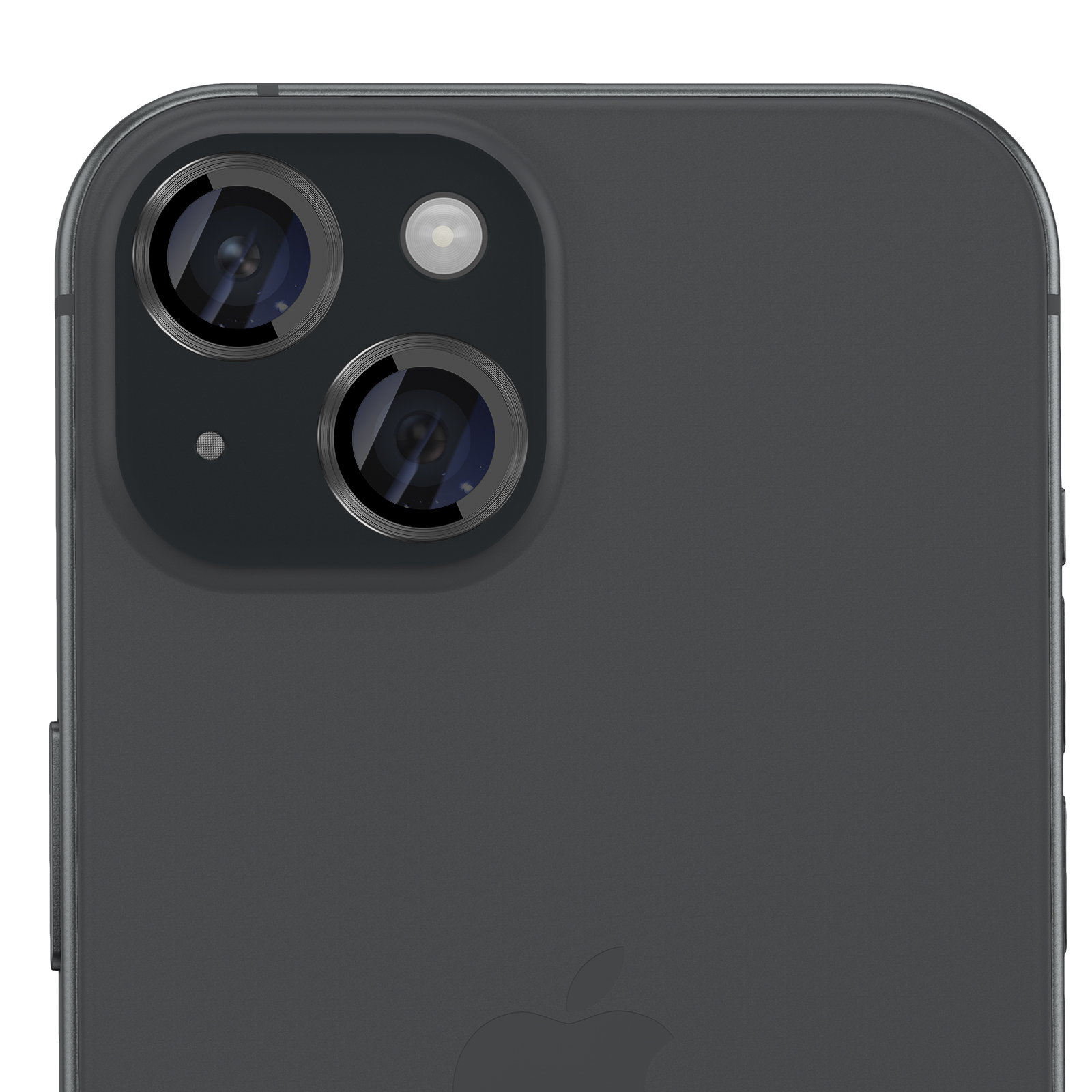 Parte trasera de un smartphone negro con dos lentes de cámara en disposición diagonal, un flash y el logo de Apple.