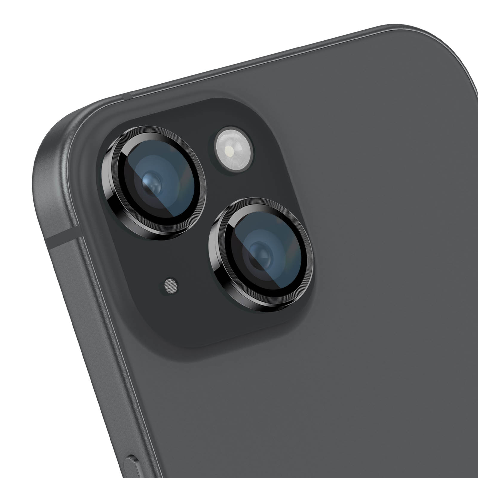 Primer plano de la parte trasera de un smartphone oscuro con módulo de doble cámara, flash y micrófono.