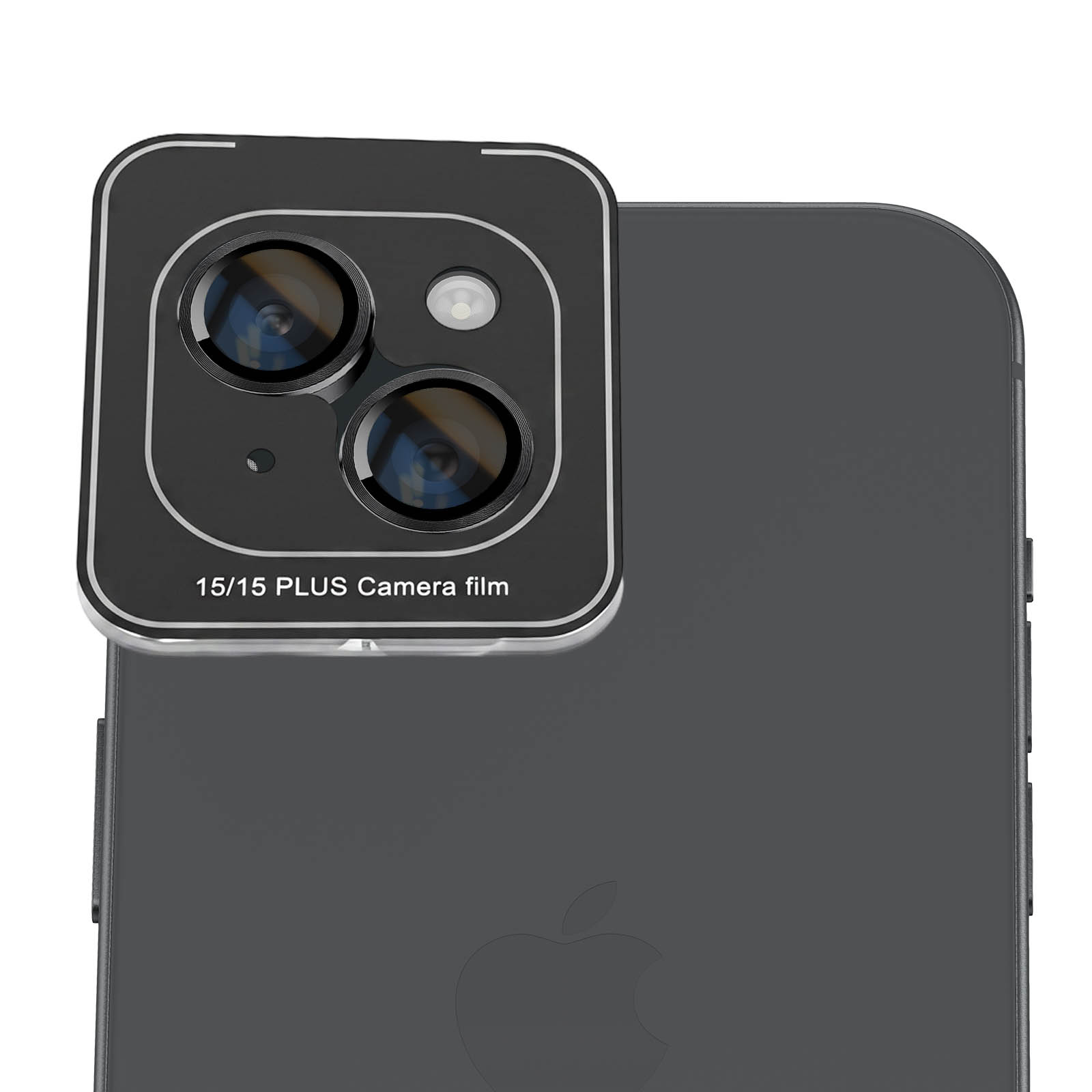 Smartphone negro con protector de cámara cuadrado que incluye dos lentes y texto 15/15 PLUS.